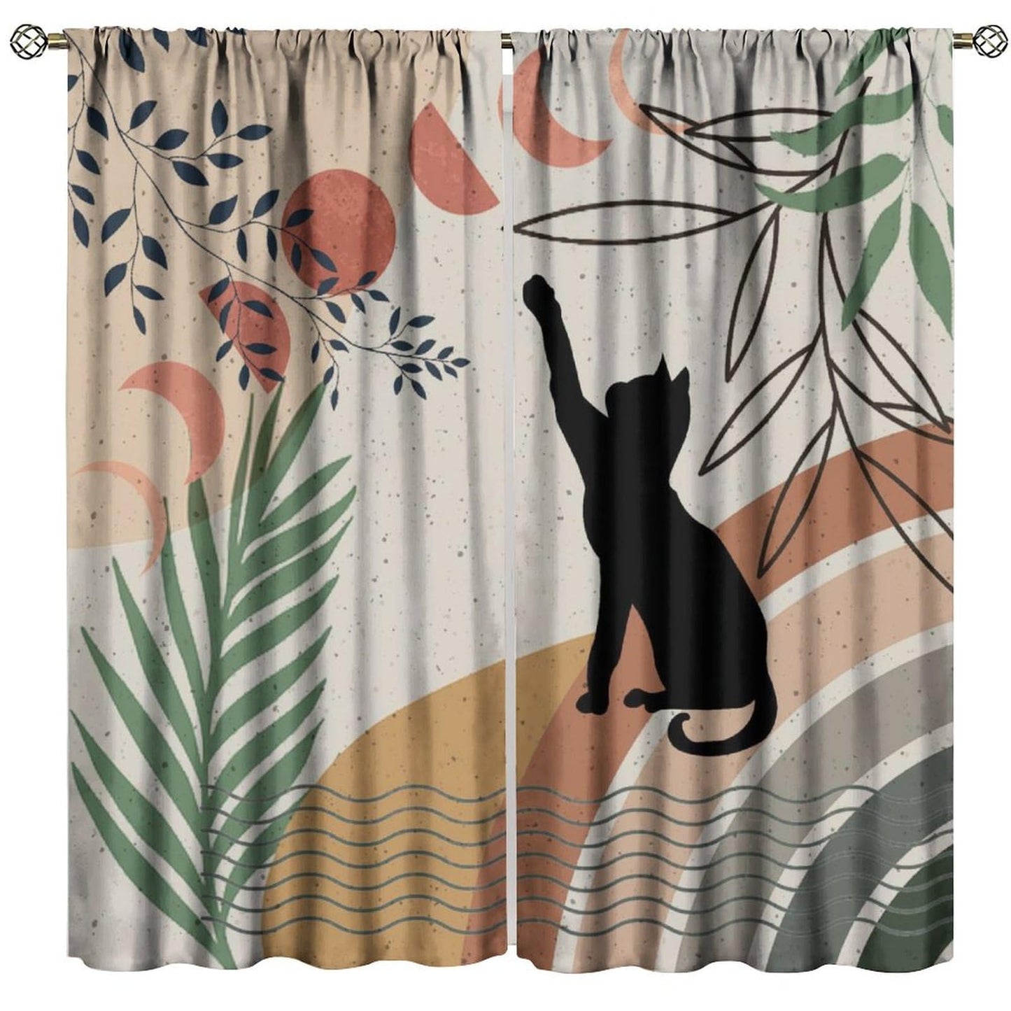 Fblifil Mid Century Moon Cat Curtain Retro Black Cat Leaves Sun Moon Leaves Boho Abstract Geometric Arch 70s Window Drapes for Bedroom Living Room Decor 42" W X 45" L