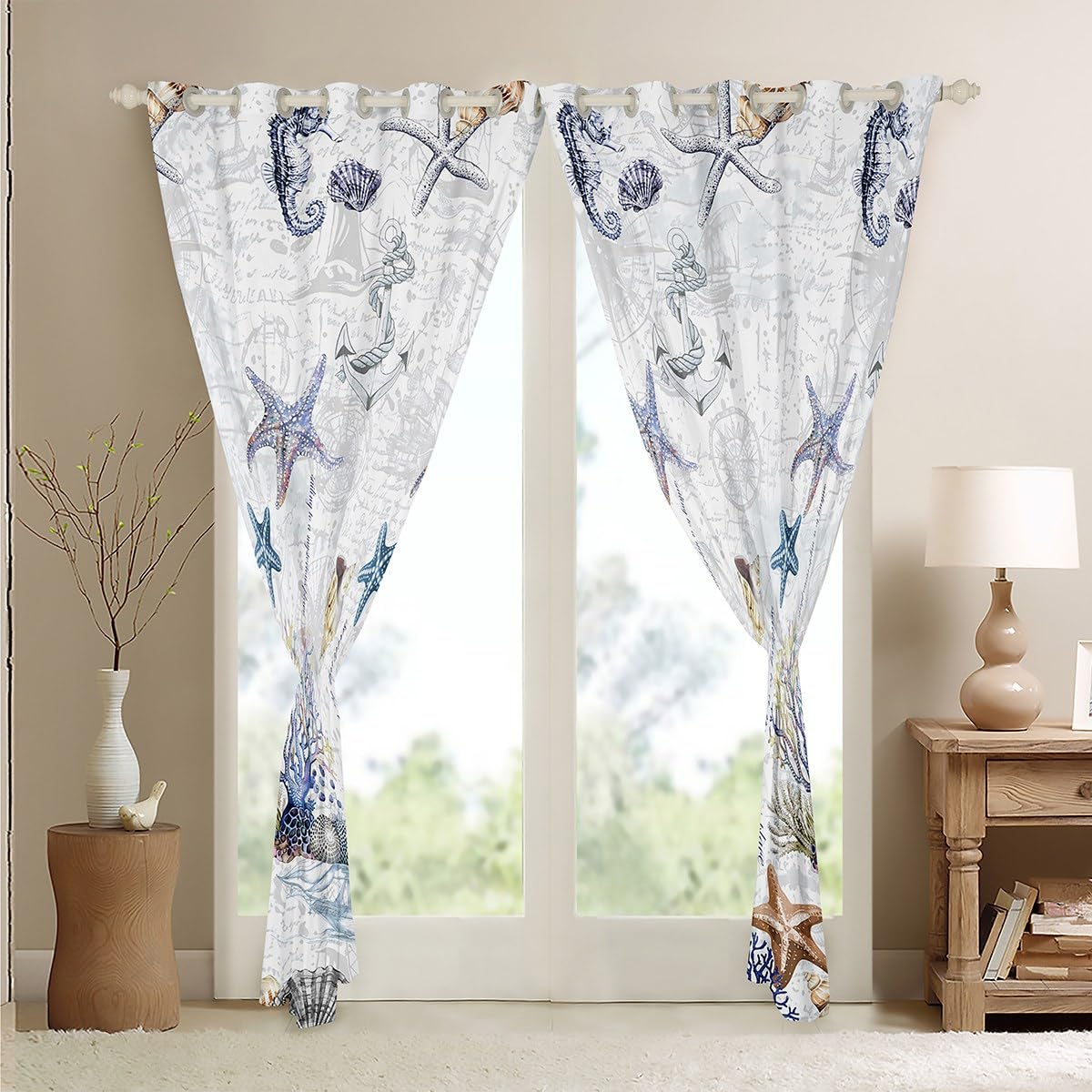 Beach Starfish Darkening Drapes Ocean Marine Themed Sailboat Curtains for Bedroom Living Room for Children Sea Creatures Curtains Coastal Nautical Room Decor (2 Panels,52 x 63 Inch) Window Treatments