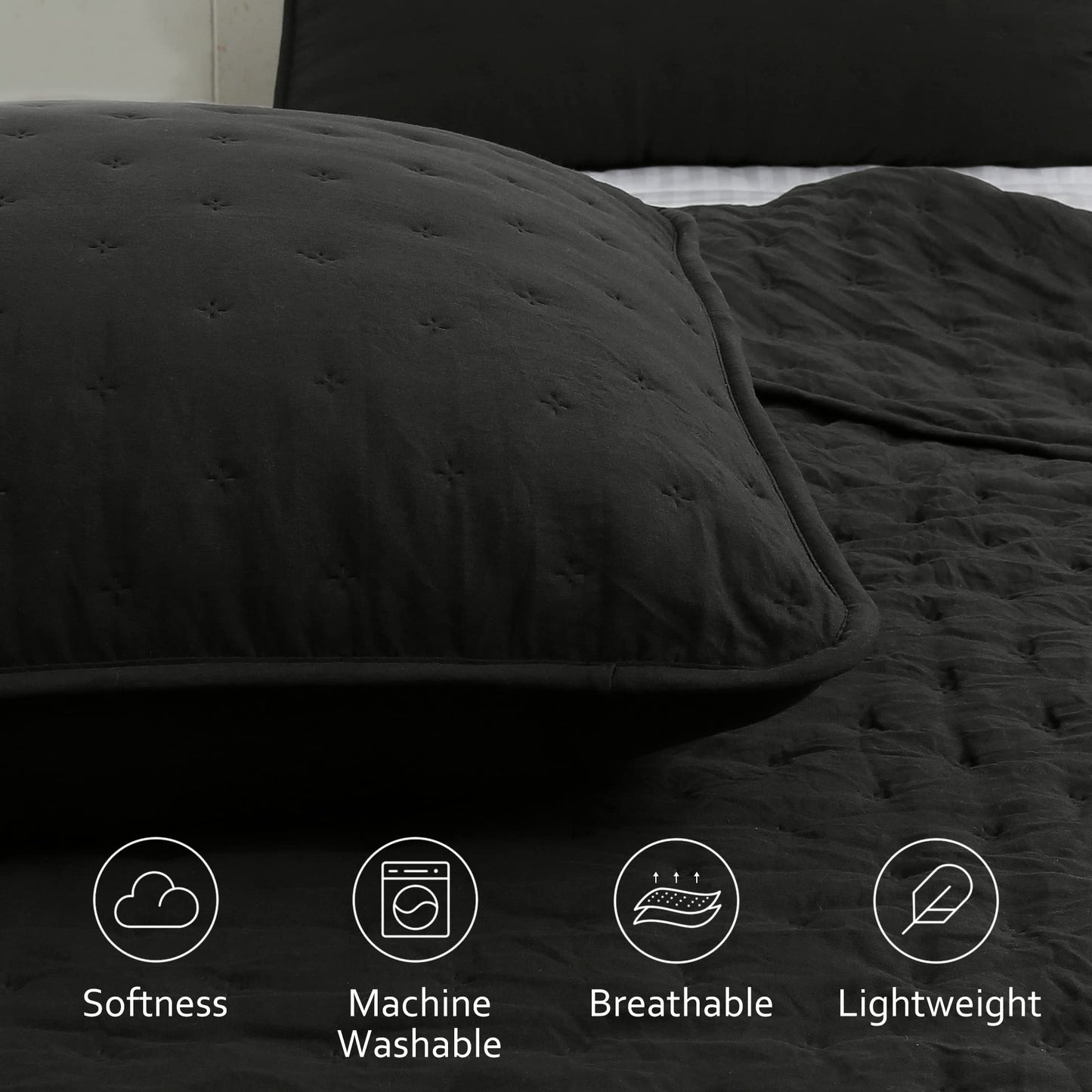 ROARINGWILD Black Twin Size Quilt Bedding Sets with Pillow Sham, Lightweight Soft Bedspread Coverlet, Quilted Blanket Thin Comforter Bed Cover, All Season, 2 Pieces, 68x90 inches