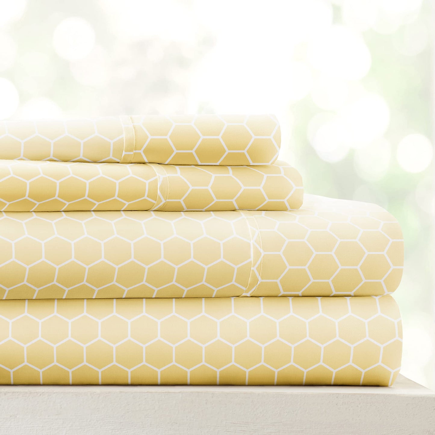 Linen Market Patterned Microfiber Queen Sheet Set 4 Piece – Oeko-TEX Certified Ultra Soft & Wrinkle-Free - 16" Deep Pocket Sheets - Easy Care Queen Size - Honeycomb Yellow
