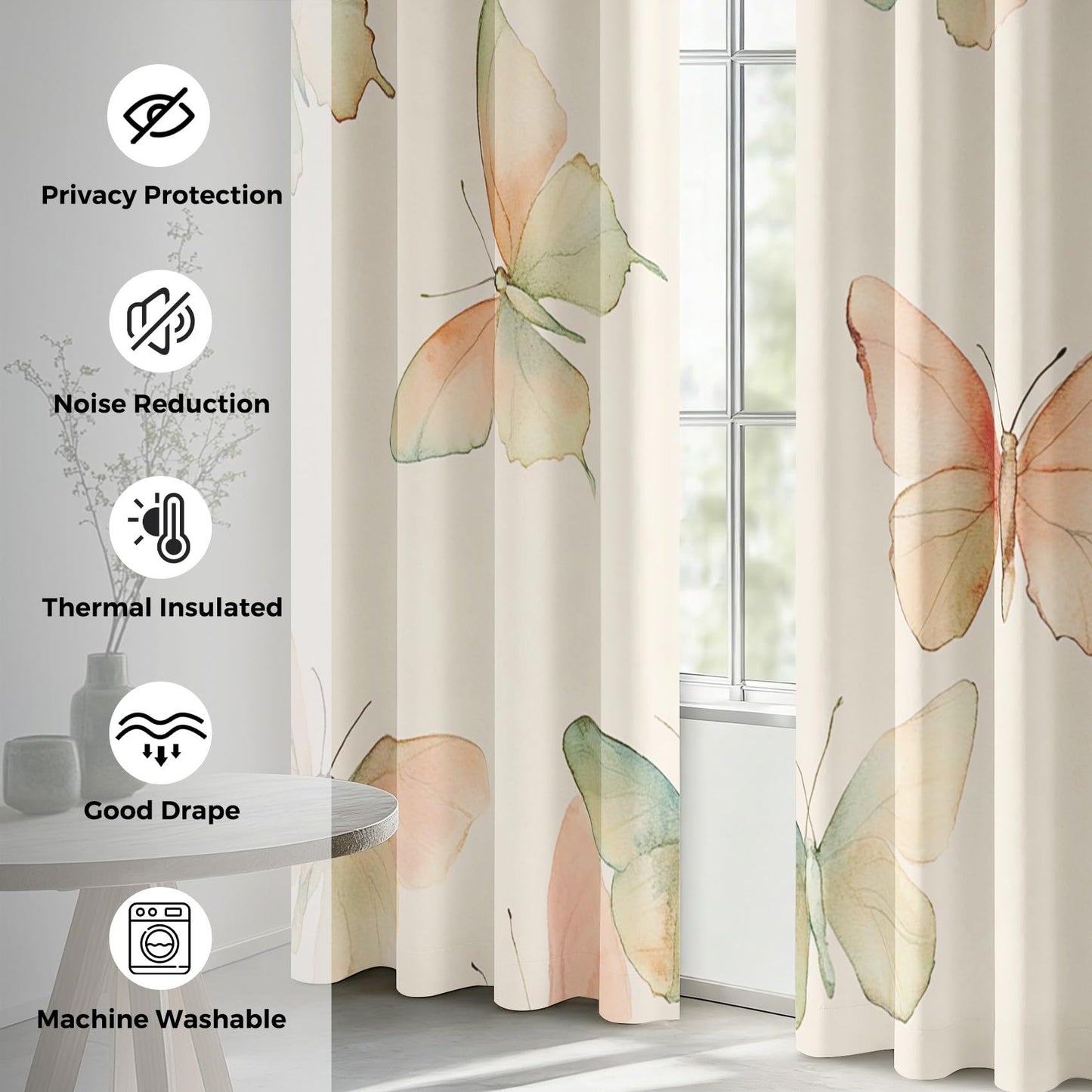 Dreamy Butterfly Curtains for Living Room, Thermal Insulated Pastel Butterfly Blackout Curtains 63 Inches Long, Grommet Drapes Window, Girls Insect Bedroom Decor, 2 Panels H2d-63