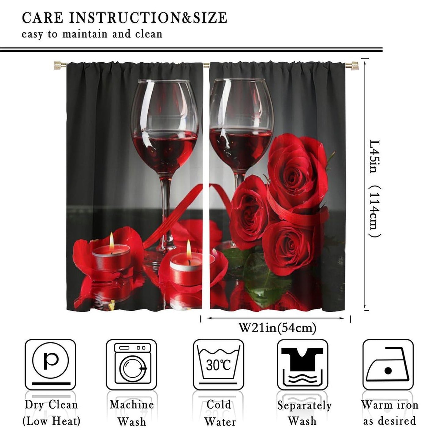Wines Blackout Window Curtains Candle Red Roses and Red Wine Female Romantic Art Thermal Insulated Darkening for Living Room Bedroom Children's Room Decor Set 2 Panels,42x45 Inches