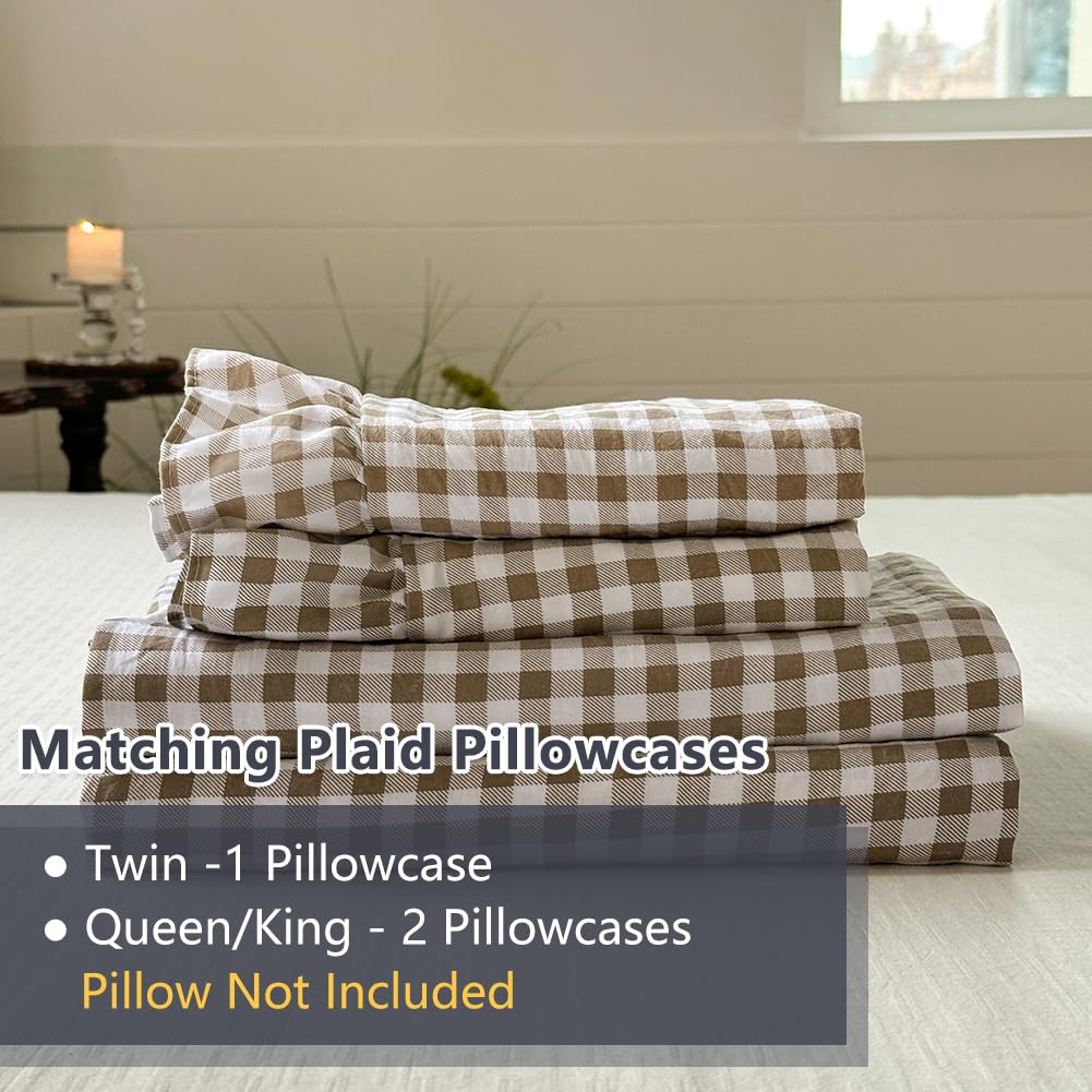 NSNLGSGC Tan Gingham Ruffle Queen Sheet Set, Taupe Soft Pre-Washed Microfiber Plaid Queen Bed Sheets, 4-Pieces Farmhouse Sheet Set with Deep Pocket