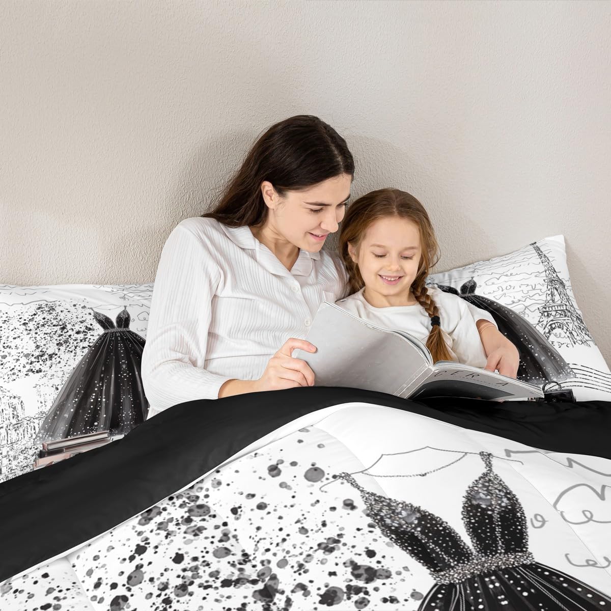 Erosebridal Fashion Girly Dress Comforter King Size Black White Eiffel Tower Paris Bed Sets Perfume Modern Girls Women Bedding Set Romantic High Heels Makeup Duvet Insert,Luxury Soft