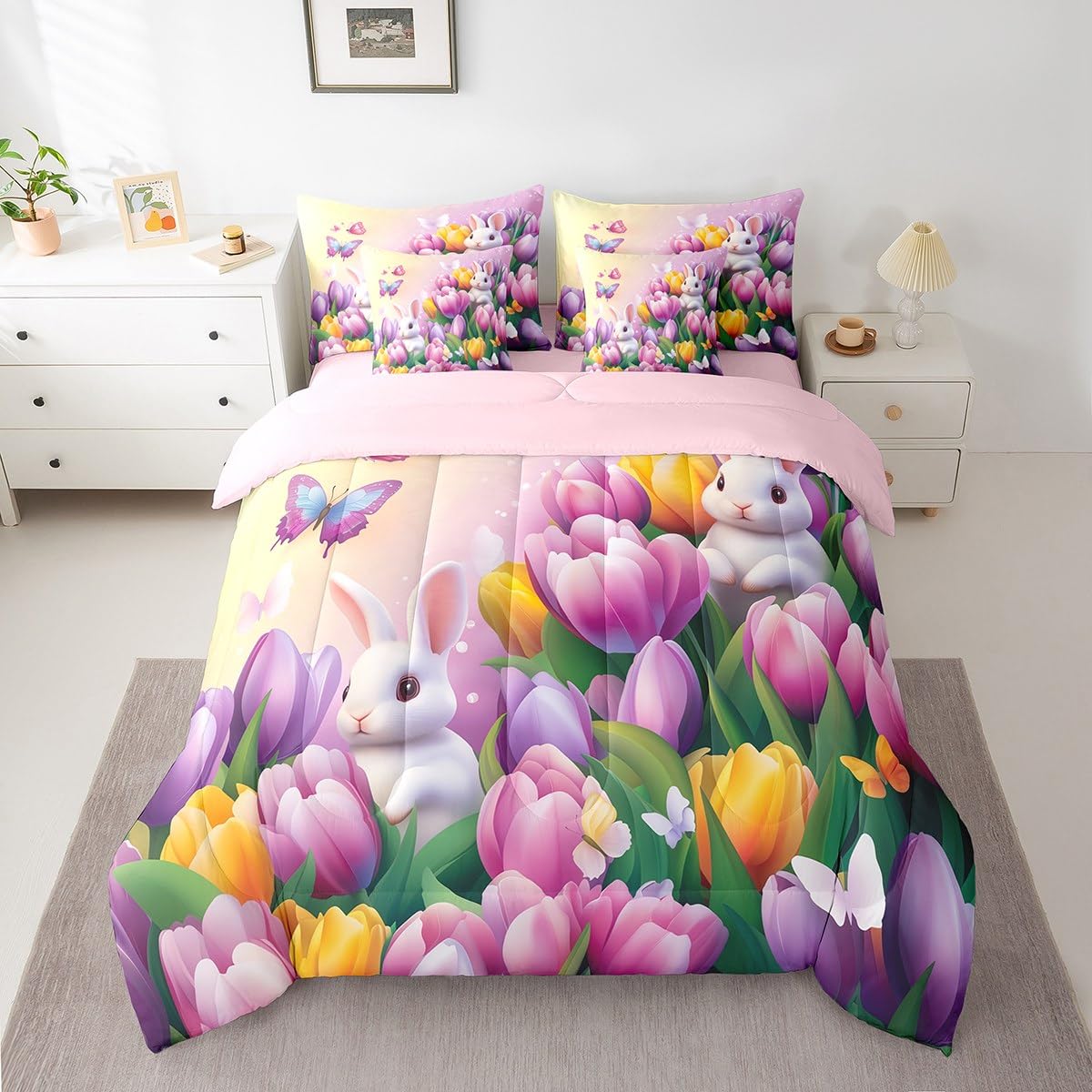 Erosebridal Pastel Tulip King Comforter Set 7 Piece Spring Tulip Flowers Bedding Set Pink Purple Garden Floral Bed in A Bag Cute Kawaii Rabbit Sheet Set with Comforter for Kids Boys Girls