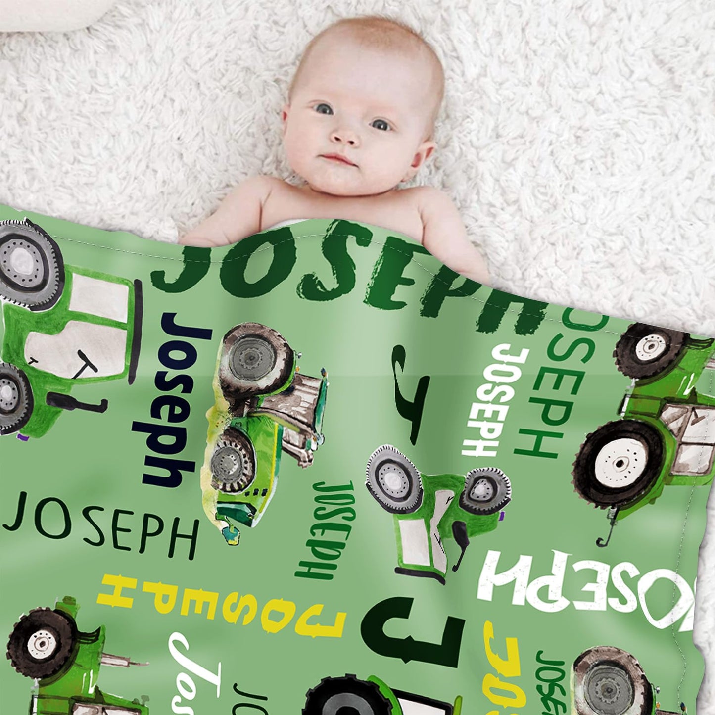 Personalized Tractors Blanket - Custom Name with Farm Tractor Trucks Design - Soft Plush Flannel Bed Blanket for Baby Kid Teen Boys Girls Customized Gifts Lime Green
