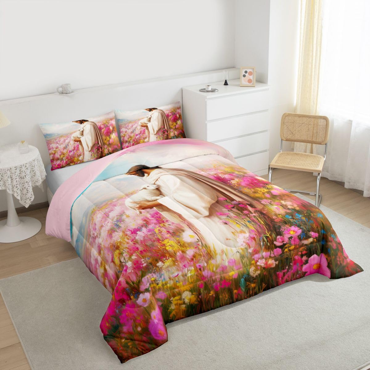 Manfei God and Lamb Kids Comforter Set Twin Size,The Lost Lamb Western Flowers Bedding Set Boys Girls Room Decor,Belief Spiritual Artwork Quilt Comforter,Pink Duvet Set Bedroom Quilt Set,1 Pillowcase