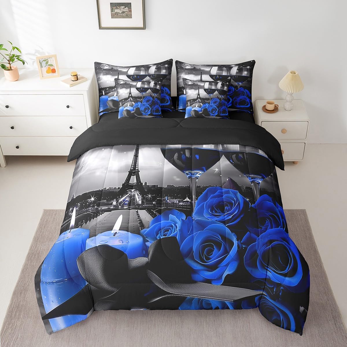 Erosebridal Rose Wine Glass 7 Pcs Comforter Set Full,Girls Eiffel Tower Bed in a Bag with Flat Sheet and Fitted Sheet,Blue Black Rose Floral Flower Romantic Bedding Set with Pillowcase & Sham,Grey