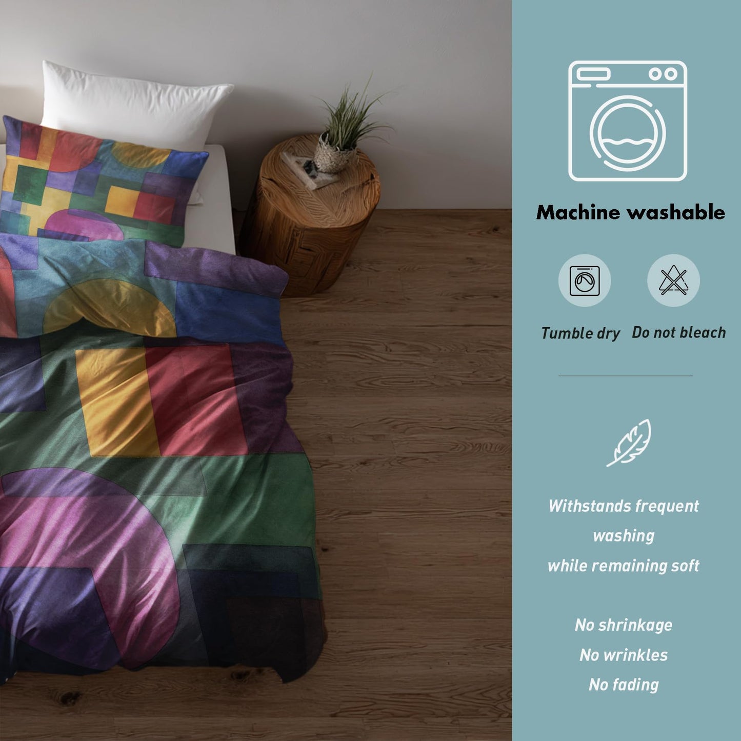 Colorful Geometric Queen Duvet Cover Set 3 Piece, Retro Abstract Art Reversible Bedding with 2 Pillow Shams, Zipper & Ties, Ultra Soft Microfiber, Geometric Bedroom Decorations 80A-T