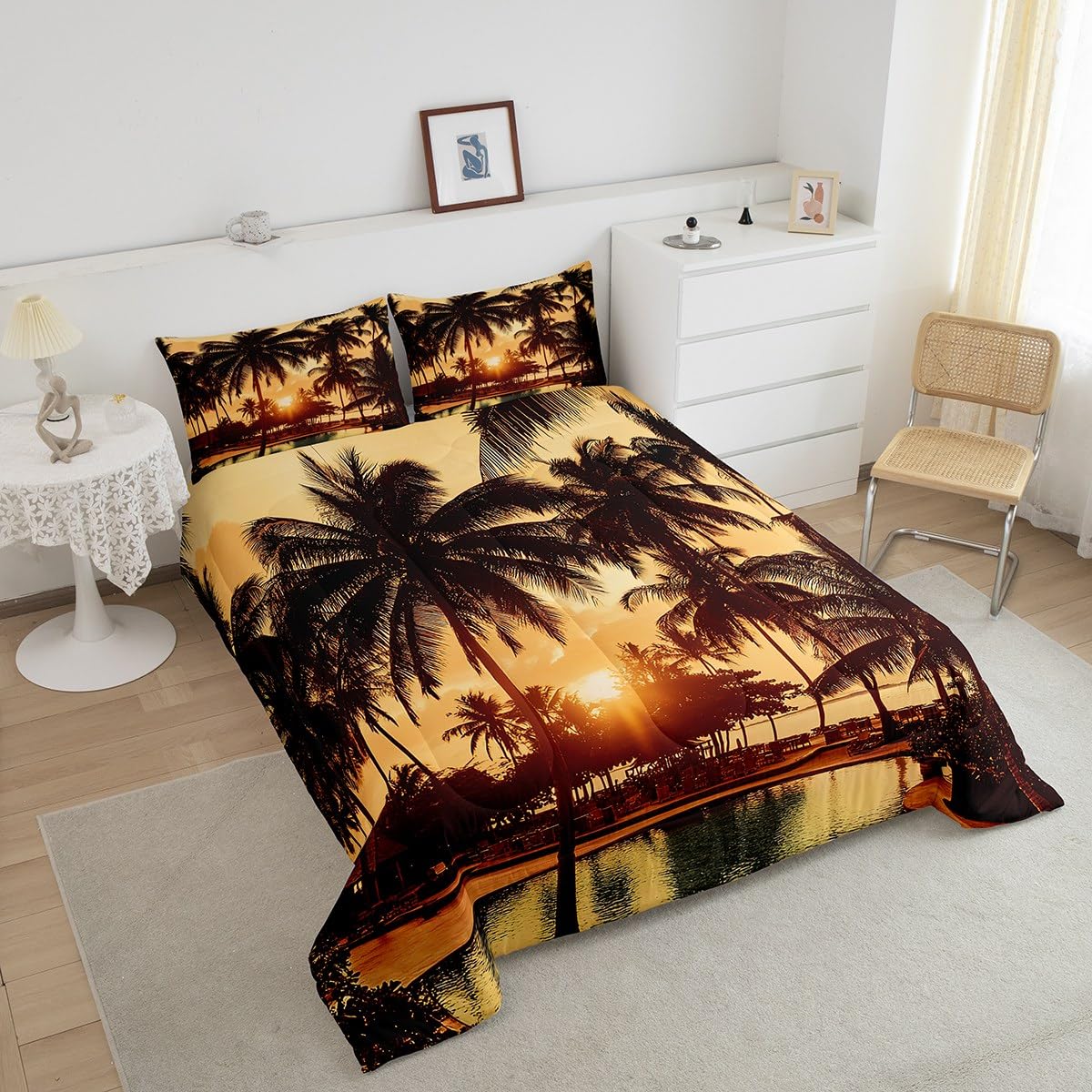 jejeloiu Palm Tree Bedding Set Full Size Kids Palm Leaf Comforter for Boys Girls Hawaiian Tropical Island Comforter Set Summer Duvet Set Room Decorations Quilt Set
