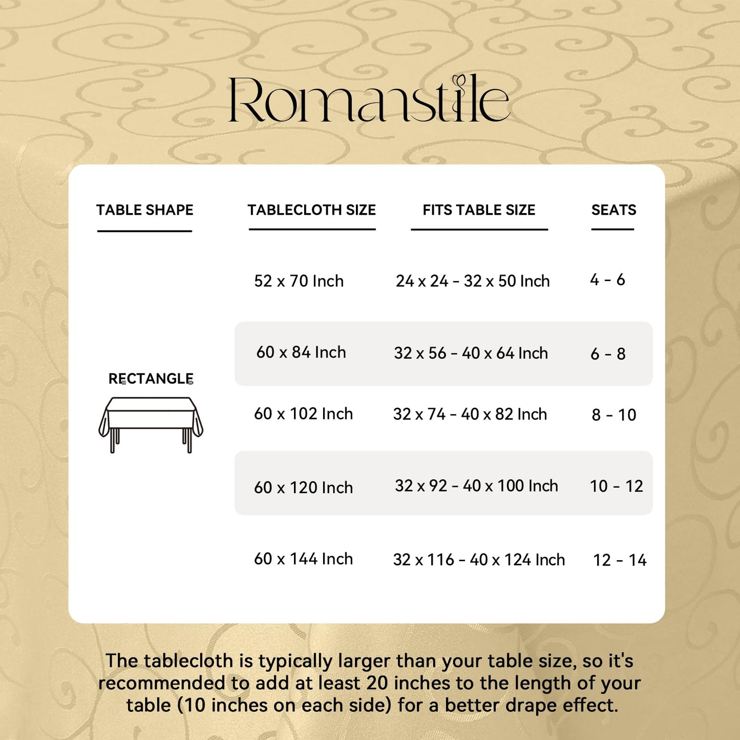 Romanstile Christmas Jacquard Rectangle Tablecloth - Gold Waterproof Damask Curly Floral Pattern Decorative Table Cloth, Heavy Weight Fabric Table Cover for Dining/Party/Holiday - 60 x 104 Inch