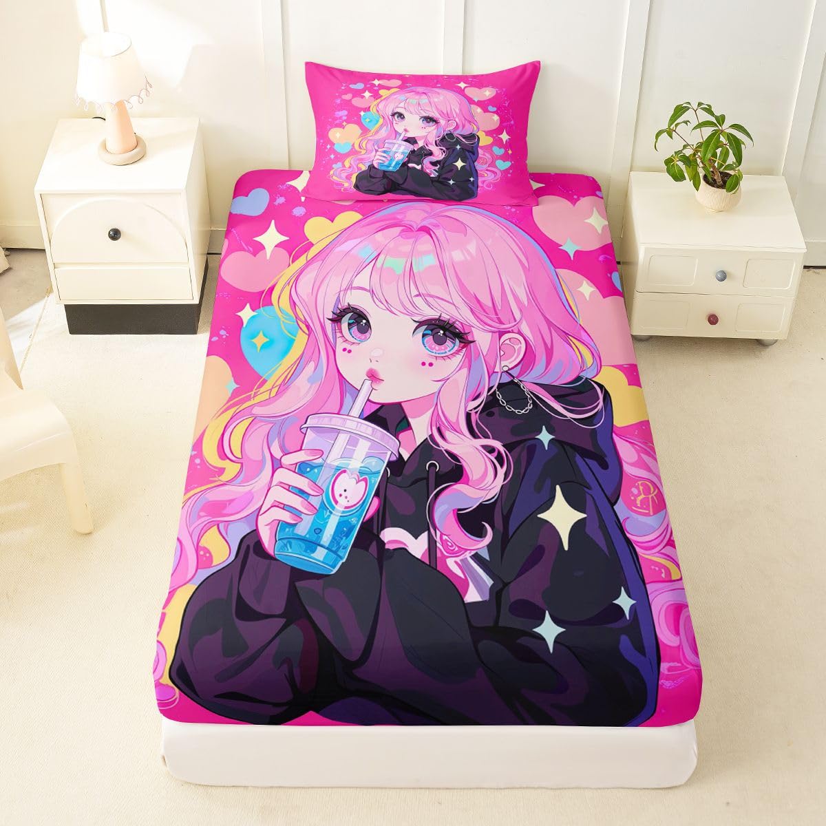 Preppy Girls Sheet Set Twin Kawaii Japanese Girl Drinking Water Bed Sheets Set Coquette Girl With Colorful Curly Hair Sheets For Boys Girls Pink Anime Gifts Flat Fitted Sheet With 1 Pillow Case