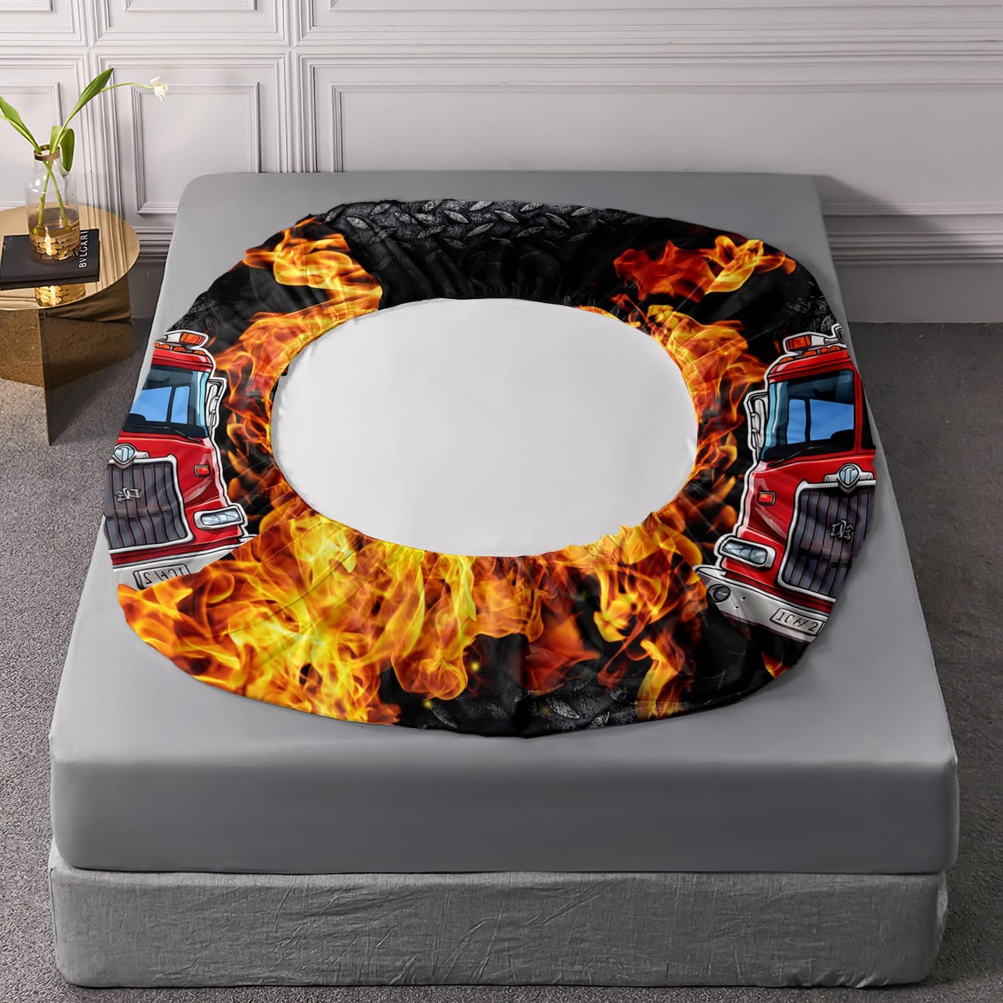 AILONEN Cartoon Red Fire Truck Fitted Sheet Set Twin Size, Fire Rescue Car Bedding Set for Kids,Boys,Girls,Teens,Red Firemen Car Vehicle Bed Sheet Set,3-Piece, 1 Fitted Sheet and 2 Pillowcases