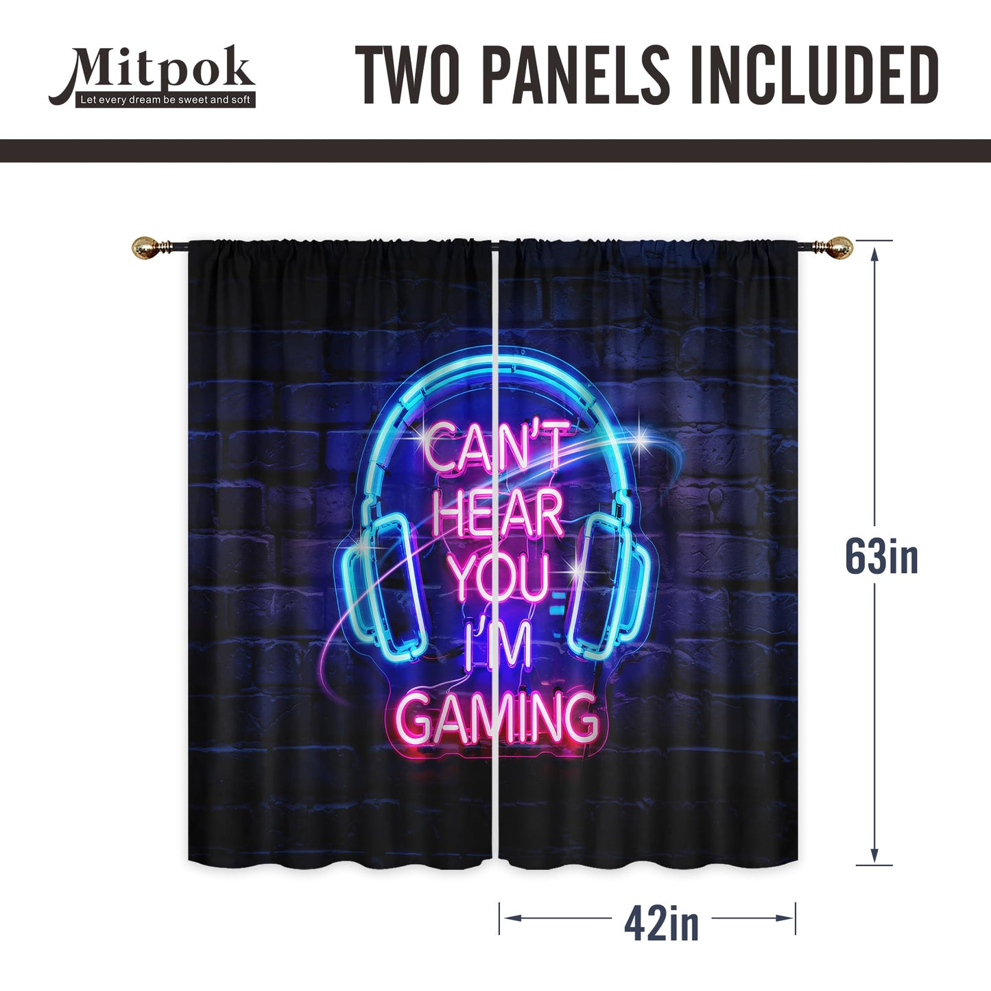 Mitpok Kids Gaming Curtains for Boys Bedroom 42Wx63H Inch Rod Pocket Gamer Game Room Video Game Cool Funny Neon Headset Teens Modern Unique 2 Panels Window Treatment Set for Living Room Decor