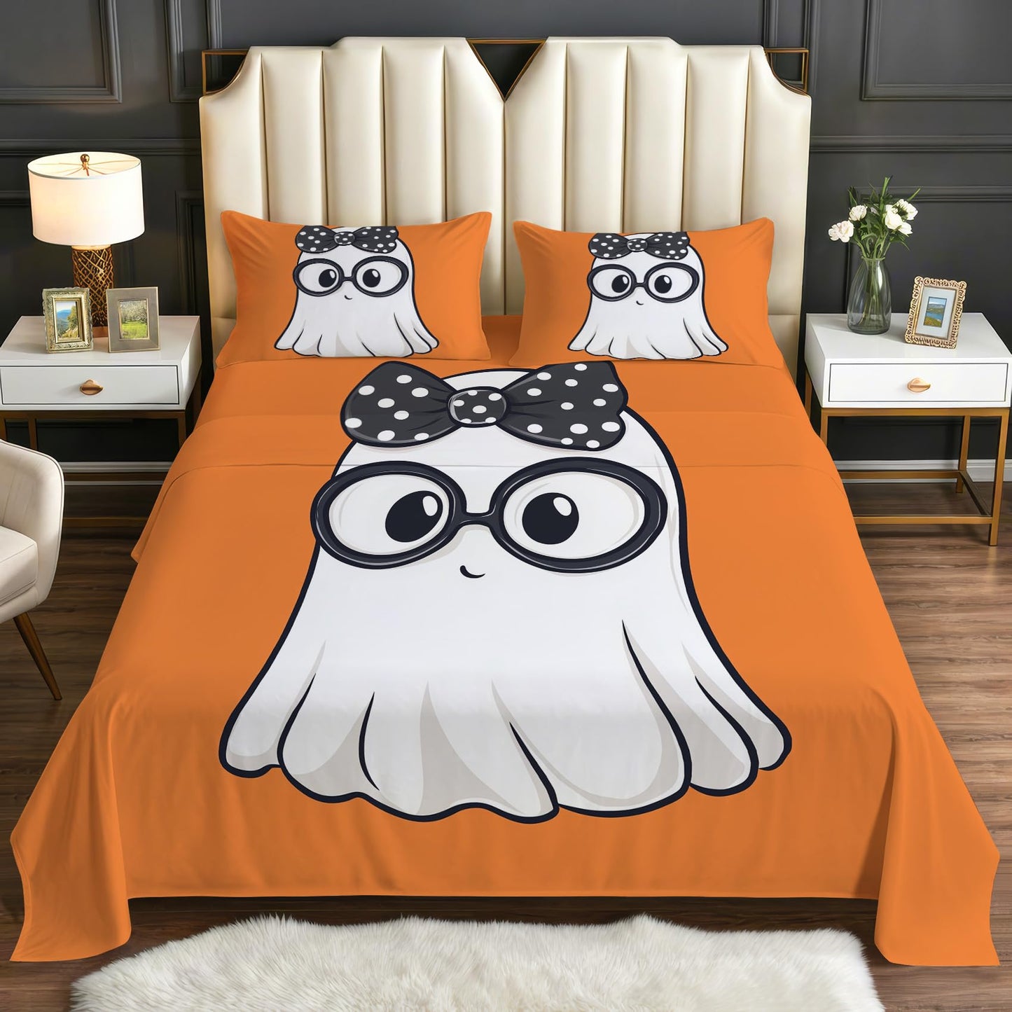 Cartoon Ghost Sheets Twin Size - Kawaii Halloween Orange Bed Sheet Set - Deep Pocket Soft Microfiber Bedding Set 3 Piece - Fitted Flat Sheet Pillowcase - Ghost Bedroom Decor & Gifts