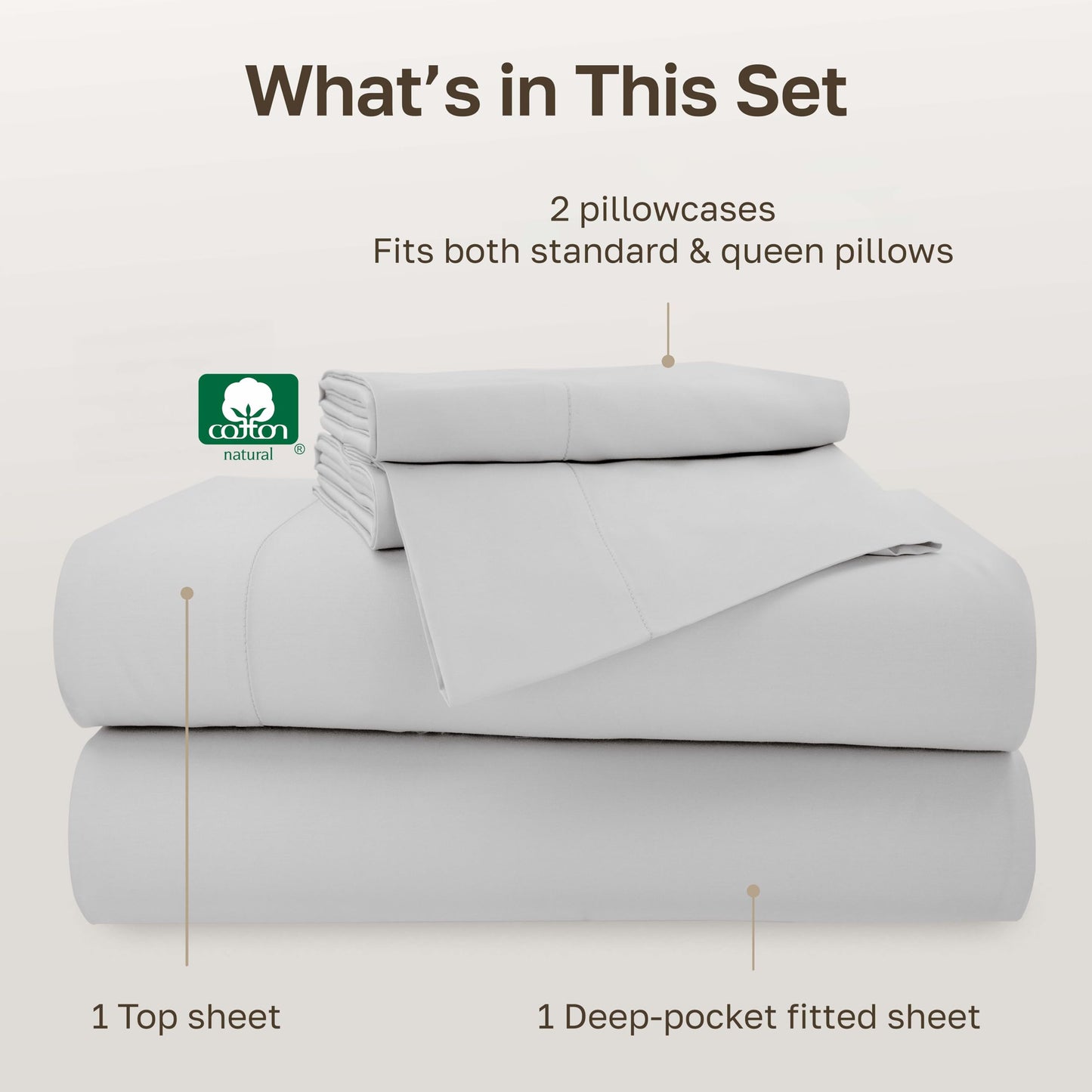 California Design Den - Bed Sheets Queen Size Set, Soft 100% Cotton Sheets Deep Pockets Snug Fit Elastic, 500 Thread Count Sateen, Sheet Sets for Bed (Light Grey)