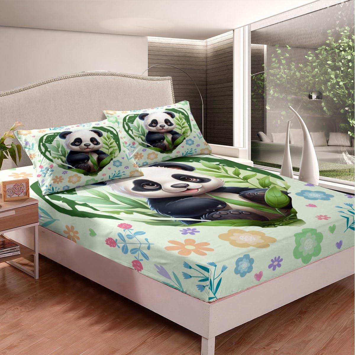 Manfei Kawaii Panda Bed Sheet Set Twin Size,Cute Wild Animal Bamboo Sheet Set,Green Love Heart Flowers Leaves Graffiti Bedding Decor Set with 1 Flat & 1 Fitted Sheet with 1 Pillow Sham