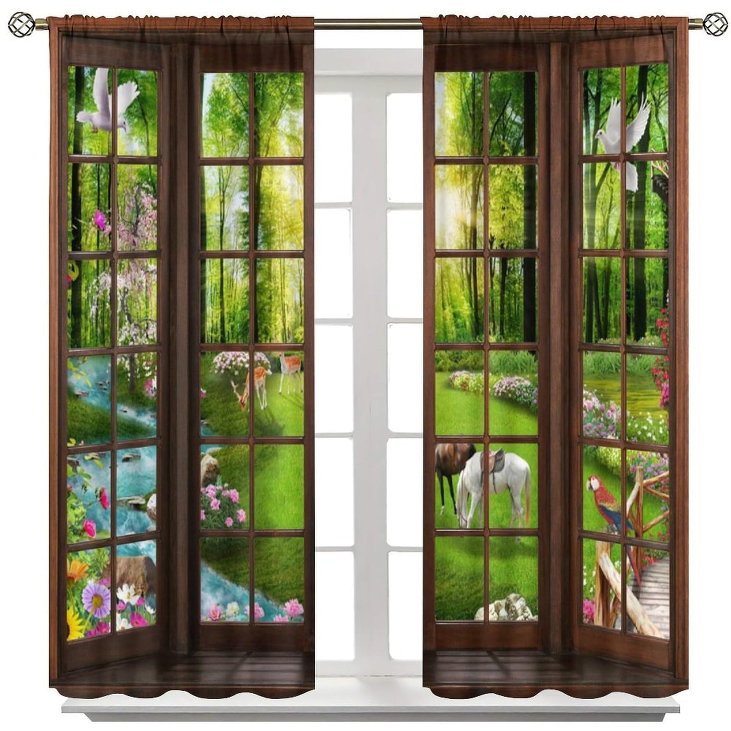 Landscape Window Curtains, 3D Window Forest Animals Lake Spring Forest Wildlife Nature Scenery Window Treatments for Bedroom Living Room Kitchen Home Farmhouse Drapes 2 Panel Set, 42x45 Inch