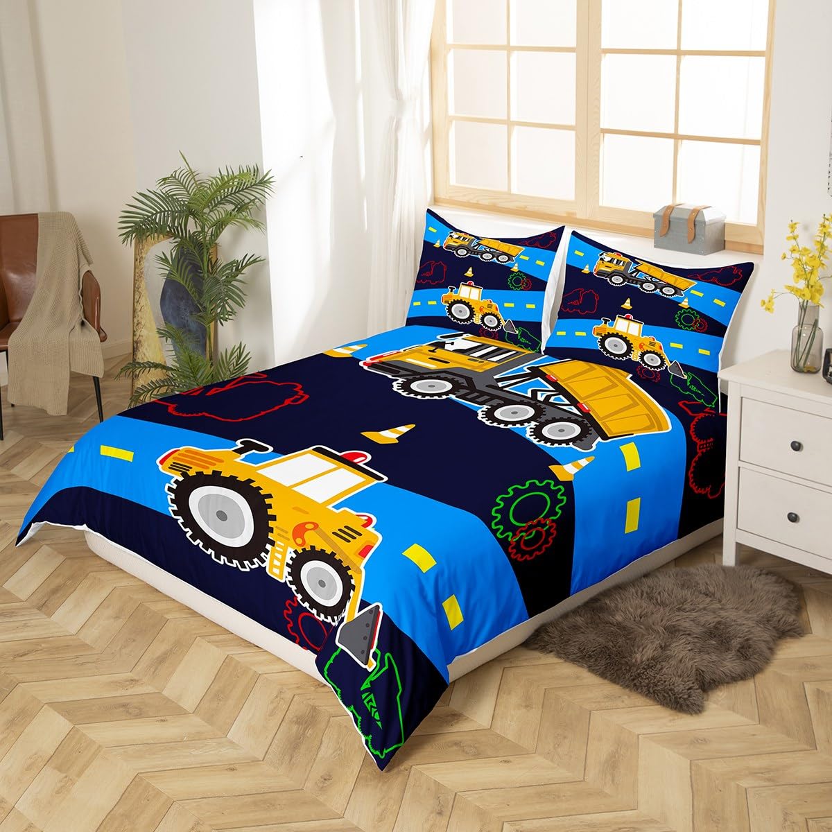 Truck Duvet Cover Boys Full Bedding Sets Kids Excavator Equipment Truck Comforter Cover Construction Vehicle Quilt Cover Cartoon Machinery Truck Gear Bedding Bulldozer Tractor Cars Bedding,Colorful