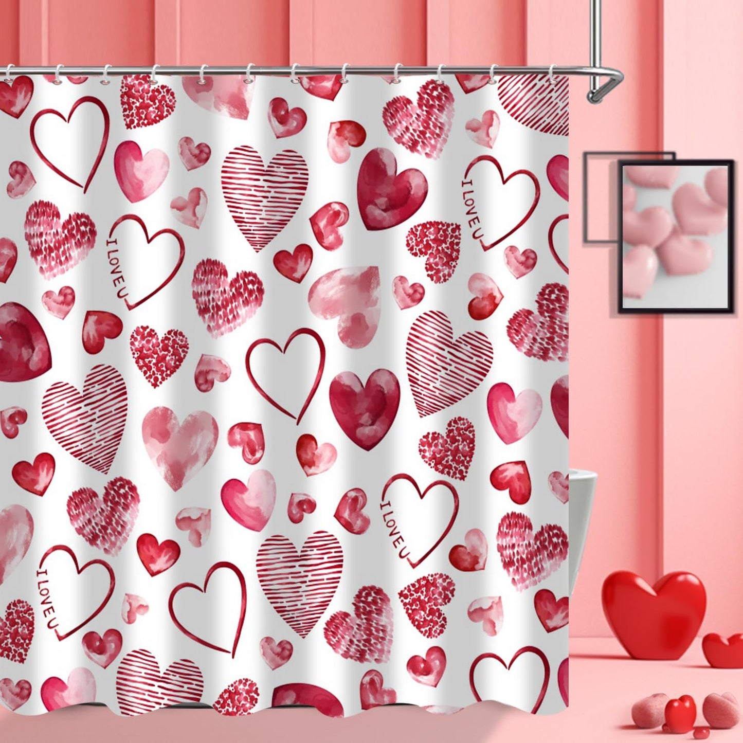 GKLEASG Valentine's Day Shower Curtain Red Pink Loving Hearts Romantic Theme Bathroom Curtains Waterproof Fabric Bathtub Curtains Set with Hooks 72"x72"
