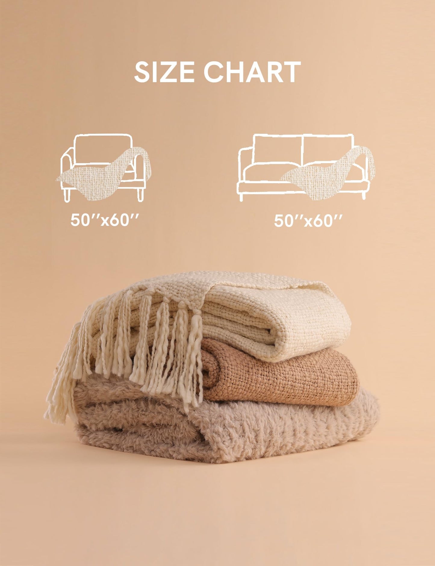 YnM Basketweave Knit Throw, Solid Neutral Vibe Textured Blanket with Tassel for Home Decor, 50 x 60 in, Cream