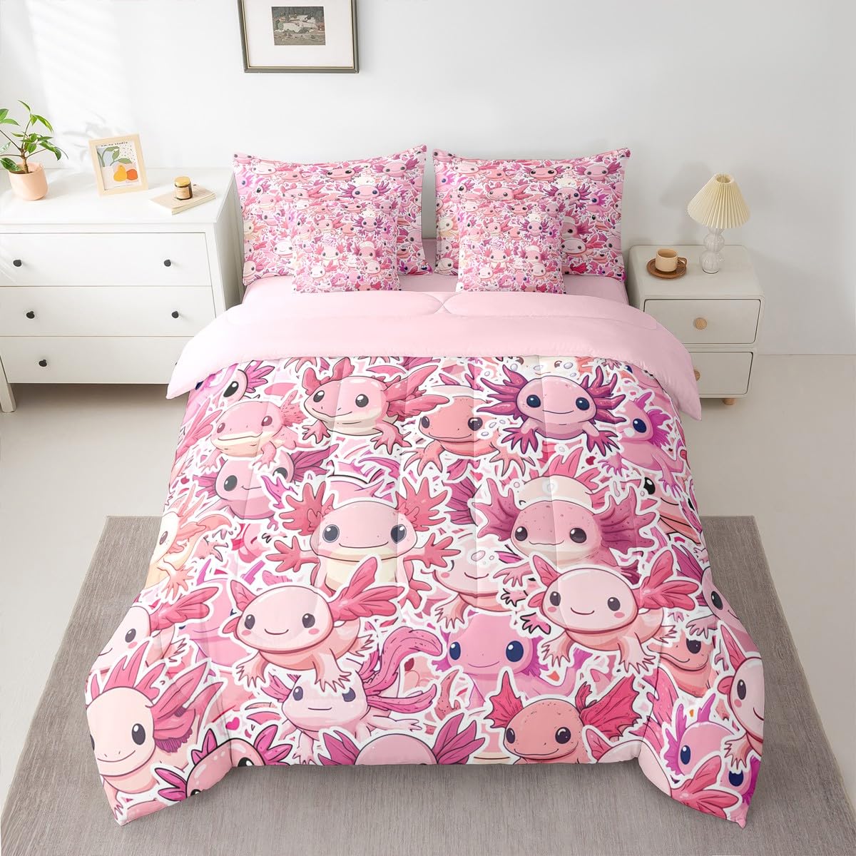 Erosebridal Girls Pink Axolotl Queen Comforter Set Kids Cute Axolotl Bed in a Bag with Flat and Fitted Sheet Kawaii Coastal Ocean Animal 7-Piece Bedding Set Cartoon Salamander Quilt Duvet Sets