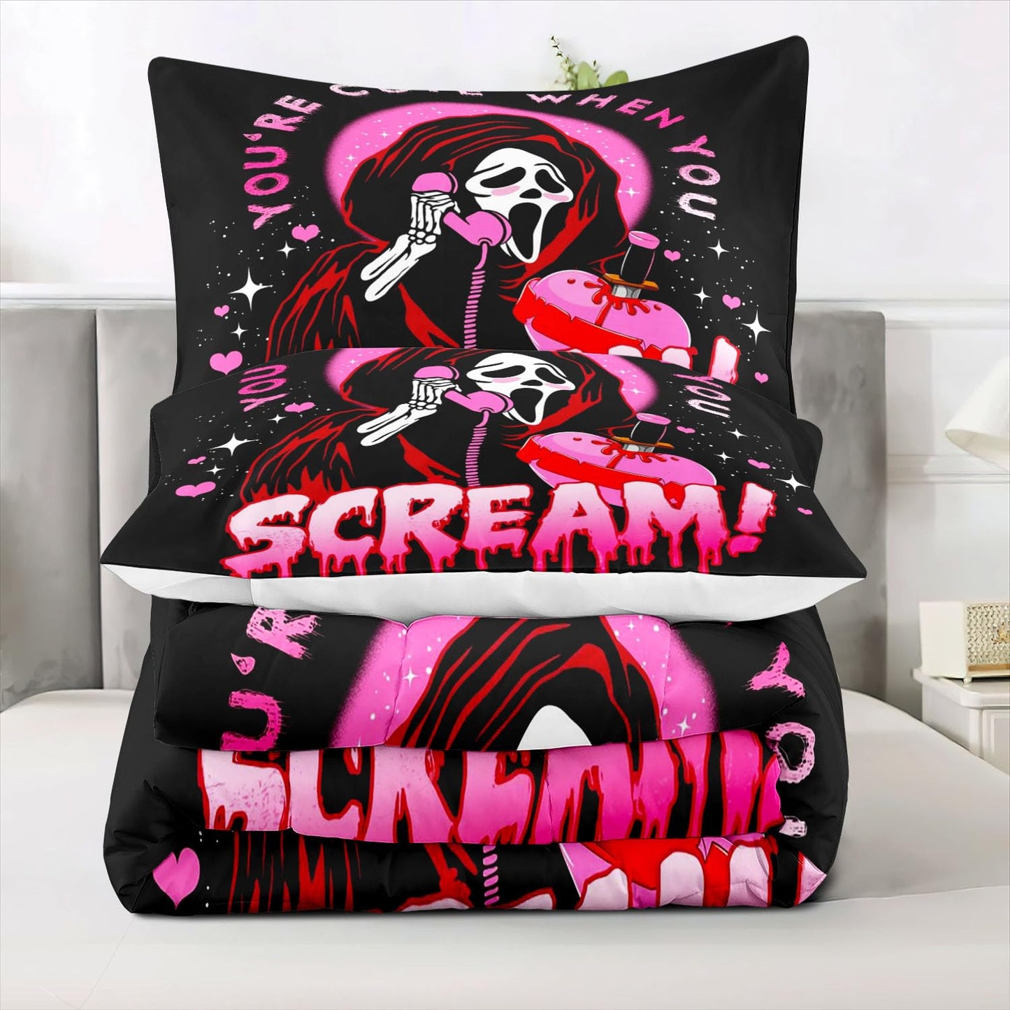 OLEBETY 2 Pieces Funny Ghost Comforter Set Twin Size, Teen Girls Bedding Set, Hot Pink and Black Bedding, Gothic Spooky Scary Horror Scream Skull Face Heart Halloween Bedroom Decor, 1 Pillowcase