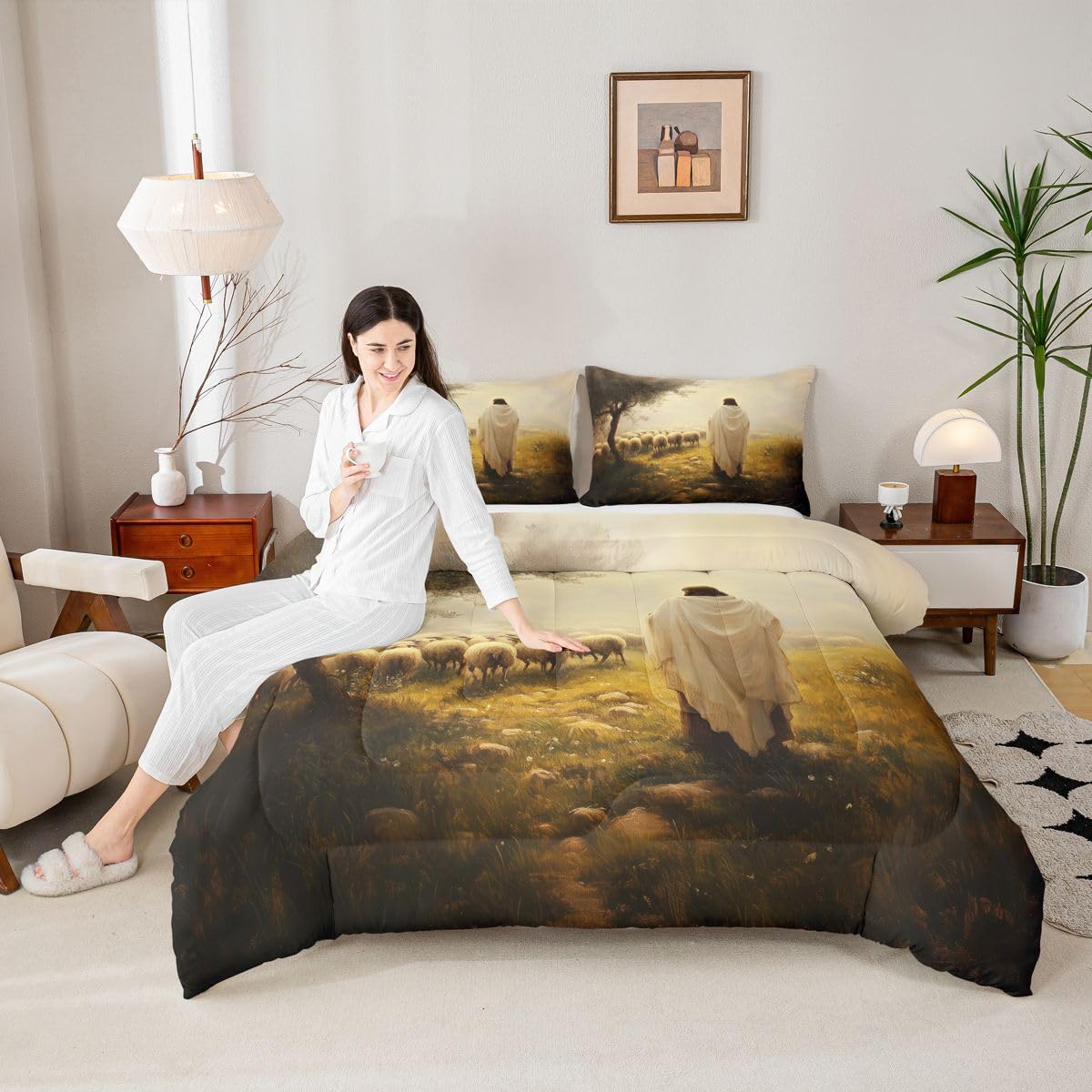 Manfei God and Lamb Girls Bedding Set Twin Size,Spiritual Western Belief Comforter Set,Modern Artwork Bible Verse Quilt Comforter Girls Boys Teens,Yellow Beige Room Decor All Season,1 Pillowcase