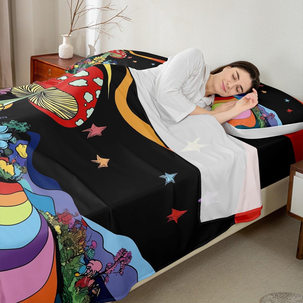 Erosebridal Trippy Mushroom Sheet & Pillowcase Sets Groovy Floral Bed Sheets Rainbow Striped Sheet Set Queen Hippie Boho Eye Sheets Starry Night Bedding 70s Theme Decor with 2 Pillowcase