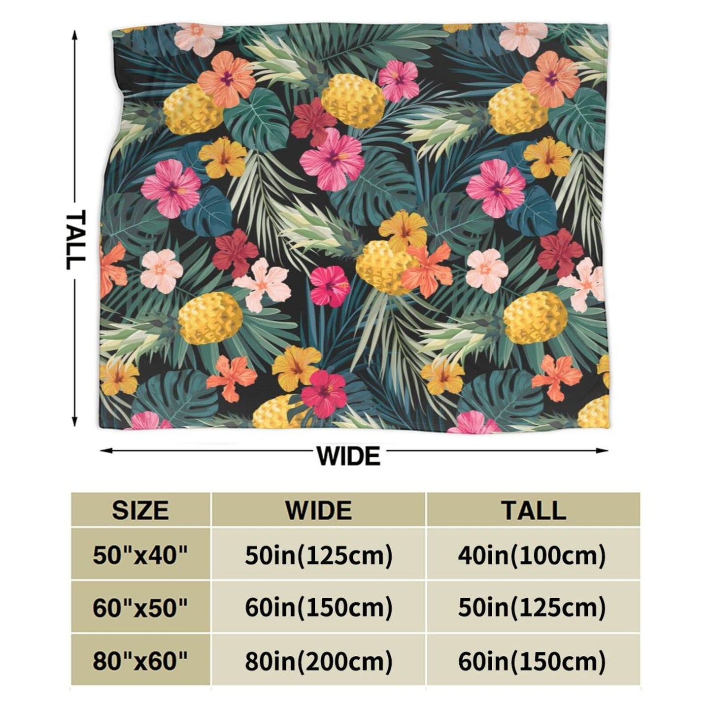 Perinsto Palm Leaves Hibiscus Flowers Hawaii Throw Blanket Ultra Soft Warm All Season Tropical Pineapples Fruit Decorative Fleece Blankets for Bed Chair Car Sofa Couch Bedroom 50"X40"