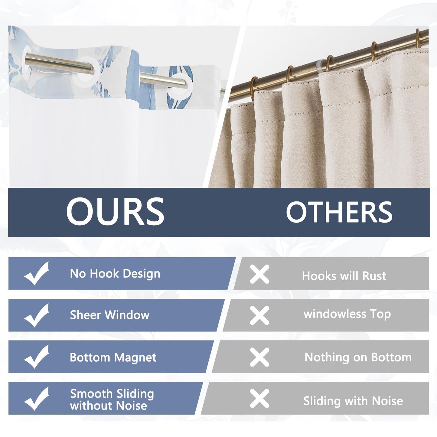 NAEMBCU No Hook Shower Curtain with Snap in Liner 71x74 Inch