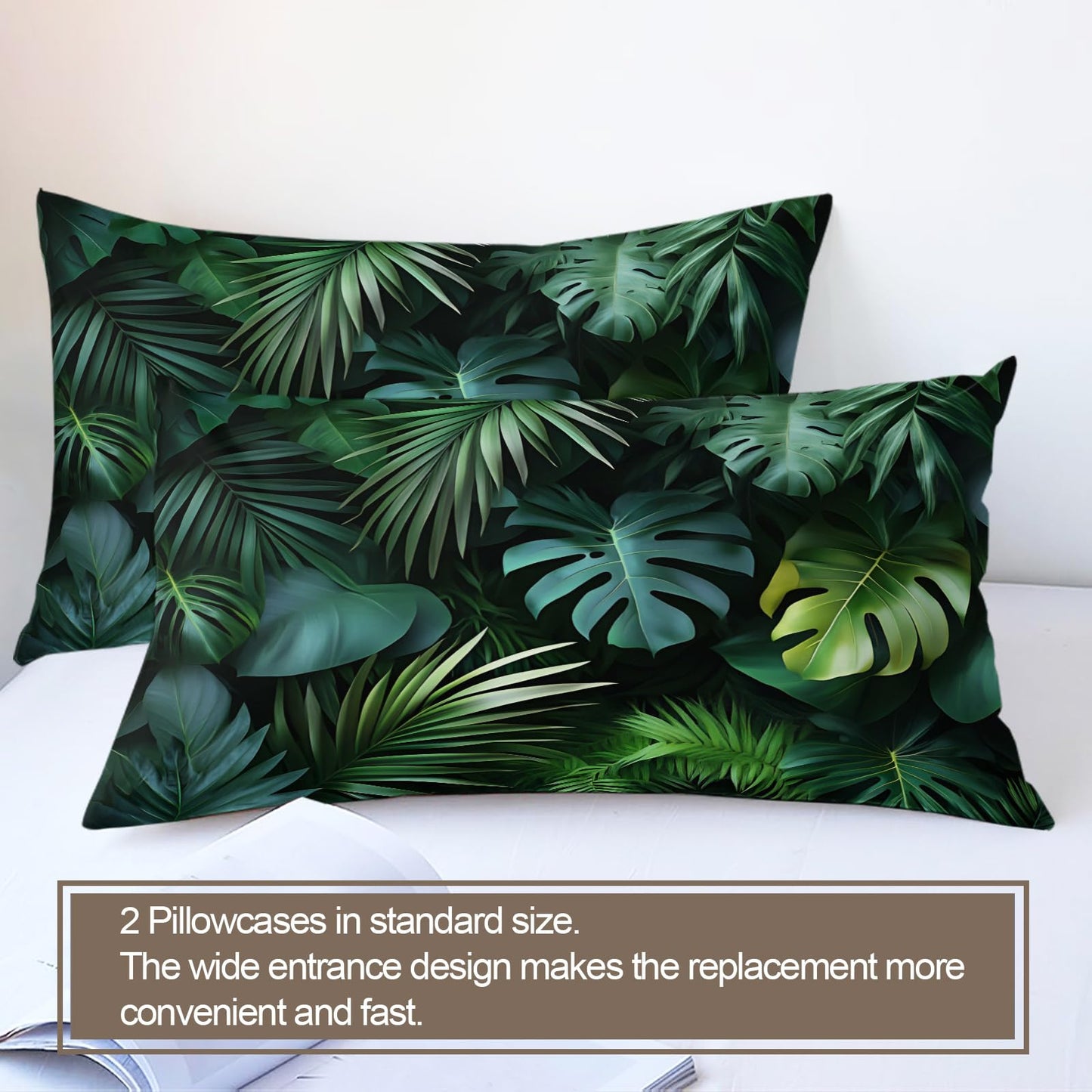 GKPLY Tropical Palm Leaves Comforters Queen Size, Jungle Monstera Bedding Duvet Cover, Exotic Greenery Artwork Duvet Cover with 2 Pillowcases, 3 Pieces, Reversible Dark Botanical Bedding with Zipper