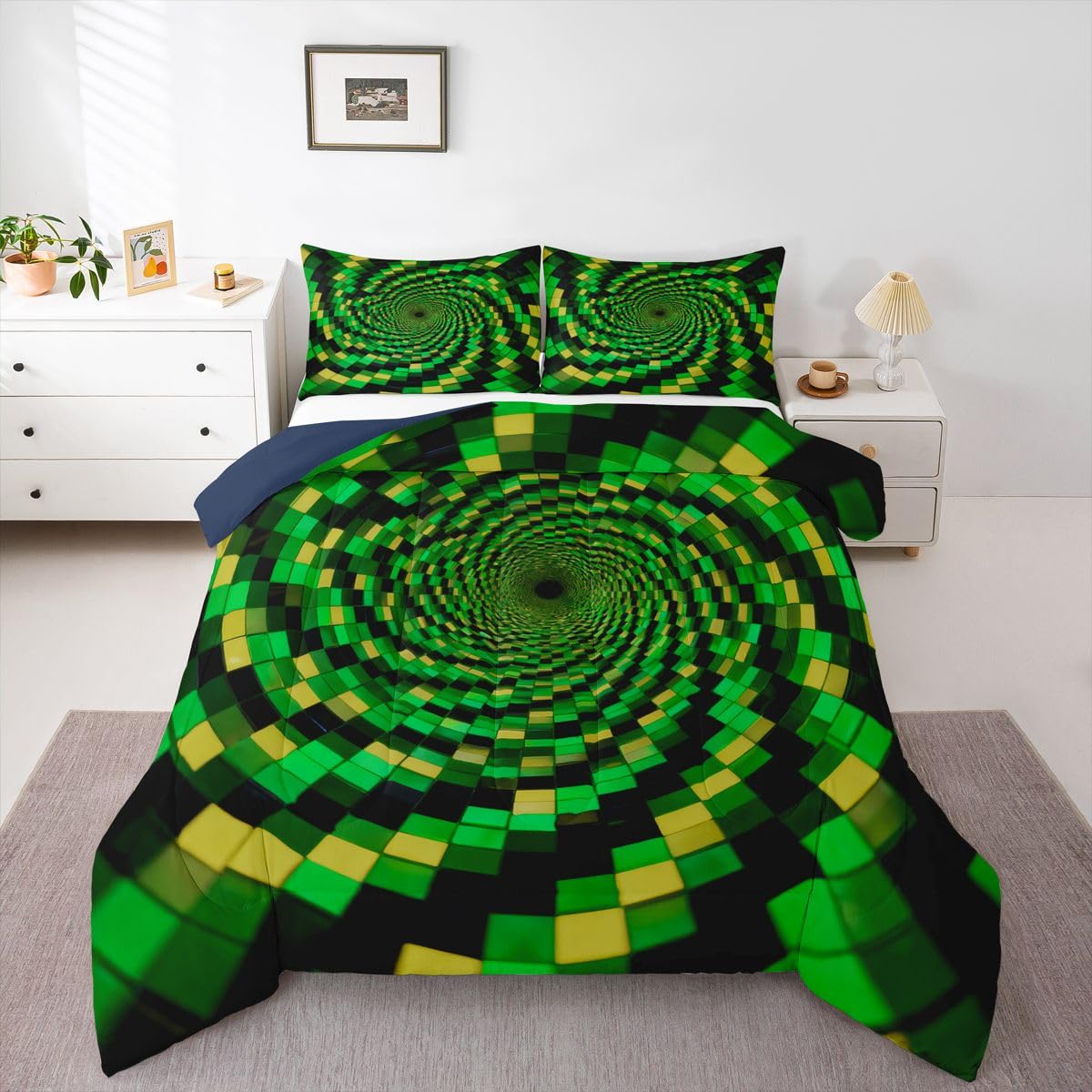 Erosebridal Geometric Grid Patchwork Comforter Set King Abstract Green Plaid Bedding Set Square Print Comforter for Kids Boys Girls,Modern Art Quilt Duvet