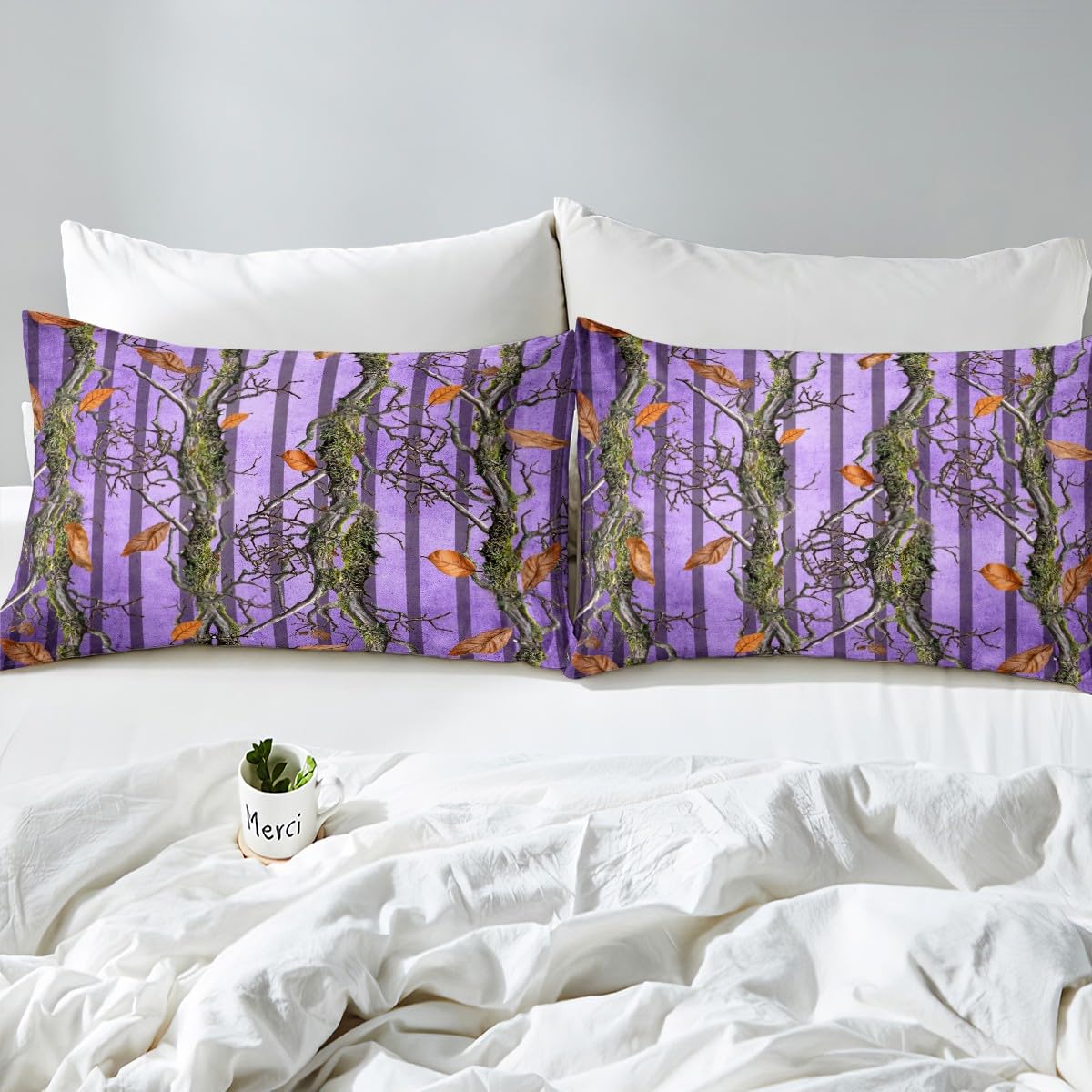 Tree Branches Kids Fitted Sheet Twin Size,Botanical Leaves Rustic Nature Bedding Set,Boys Girls Room Decor,Jungle Hunting Cabin Adventure Bed Cover,Purple Bed Sheet,1 Pillowcase(No Top Sheet)