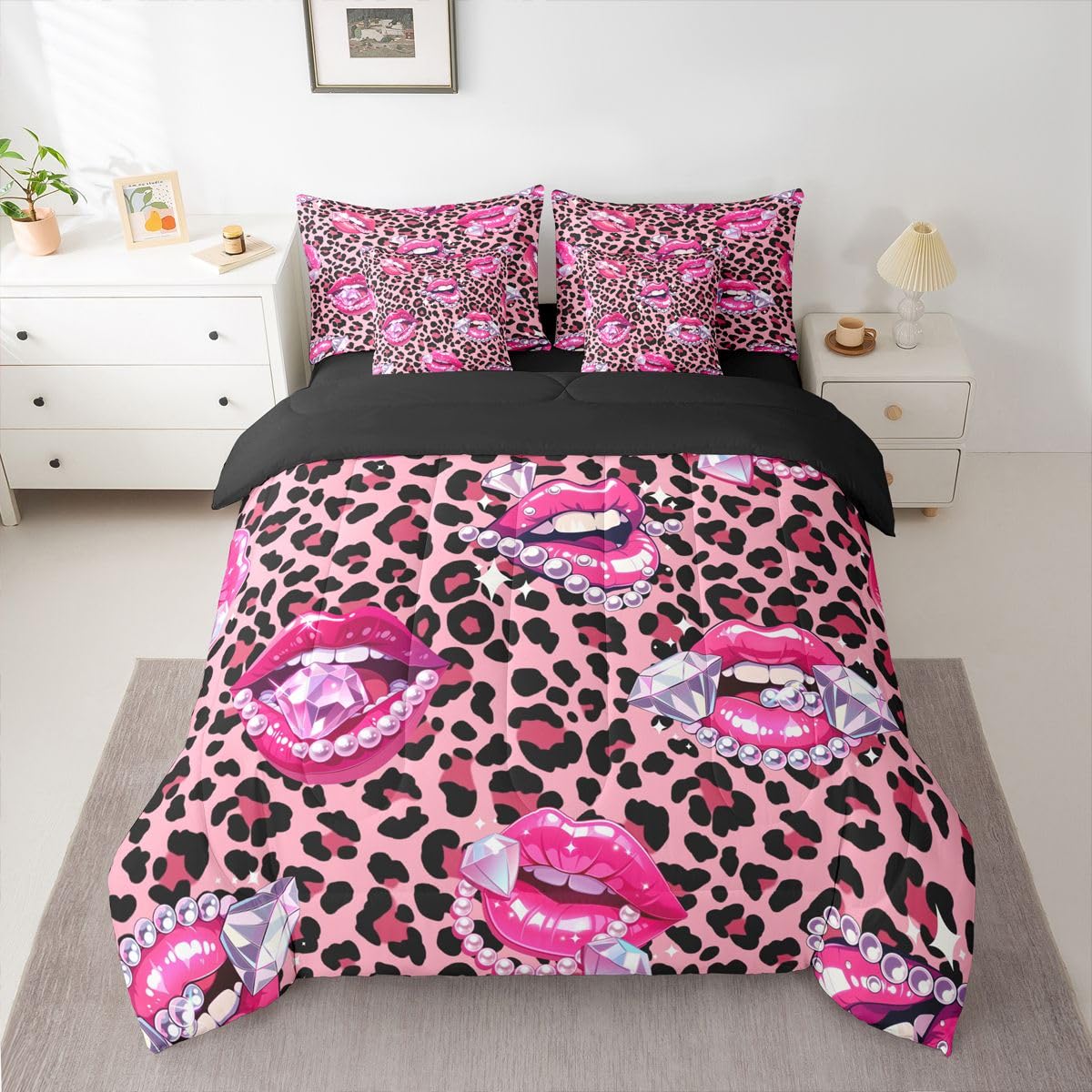 Erosebridal Pink Leopard Print Twin Size Bedding Set Sparkling Diamond & Pearl 7 Pieces Comforter Set with Sheets Women Girl Y2K Charming Lips Bed in a Bag Girly Cheetah Print Bed Sets