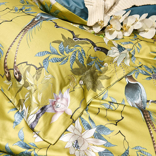 mixinni King Size Flowers and Birds Pattern Printed Gold Bed Pilowcase 100% Cotton Pillow Cover 20 x 36 Inches Set of 2 (King, 5209-Pillowcases)