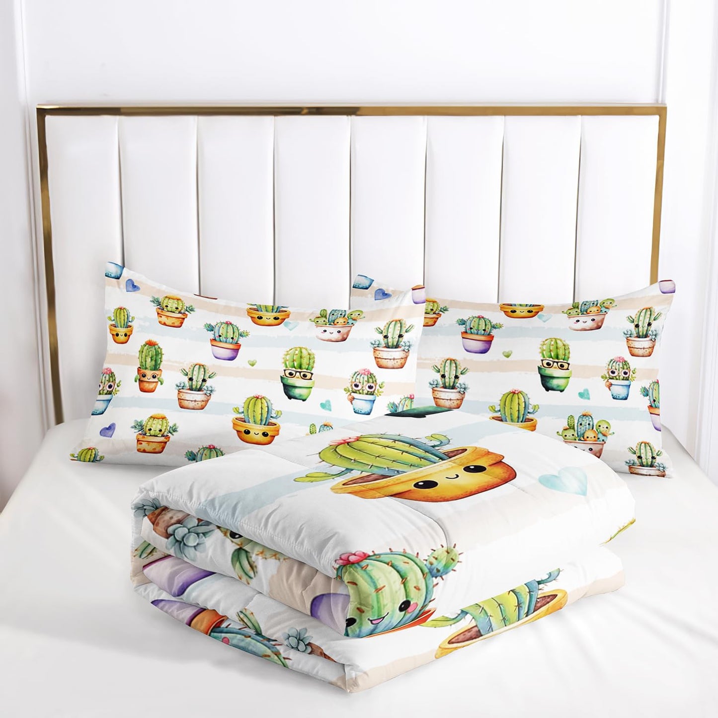 AILONEN Cute Cactus Comforter Set Queen Size, Funny Cartoon Style Succulent Plant Bedding Set for Kids Girls,Mexican Nature Hipster Humor Print Bed in a Bag,1 Quilt Set 2 Pillowcases,3 PCS