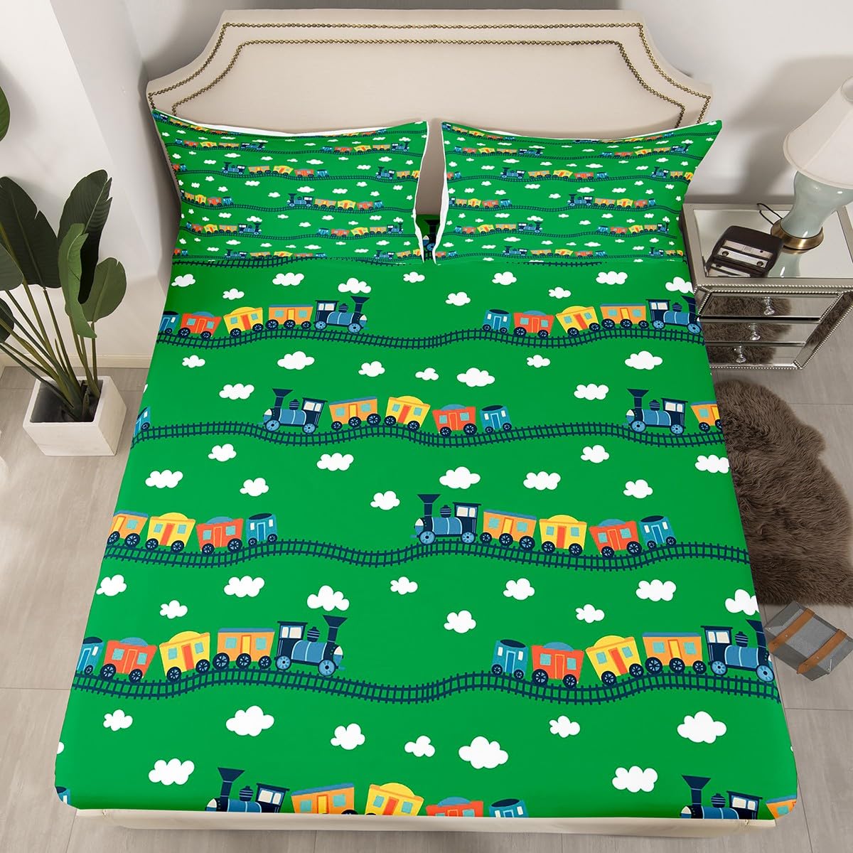 Erosebridal Locomotive Train Sheet Set Queen,Cartoon Steam Engine Truck Sheets for Boys Girls Colorful Railway Car Vehicles Bed Sheets Set with 2 Pillowcases