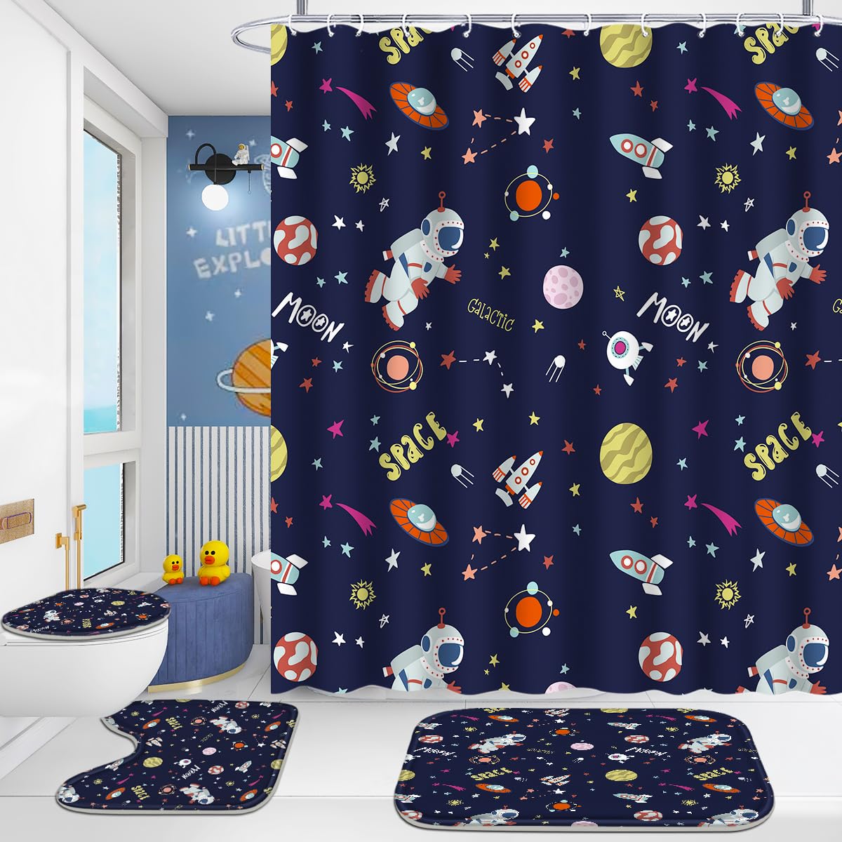 Poedist 4 Pcs Bathroom Shower Curtain Set, Bathroom Set, Space Shower Curtain Sets with Rugs(Bath Mat,U Shape and Toilet Lid Cover Mat) and 12 Hooks