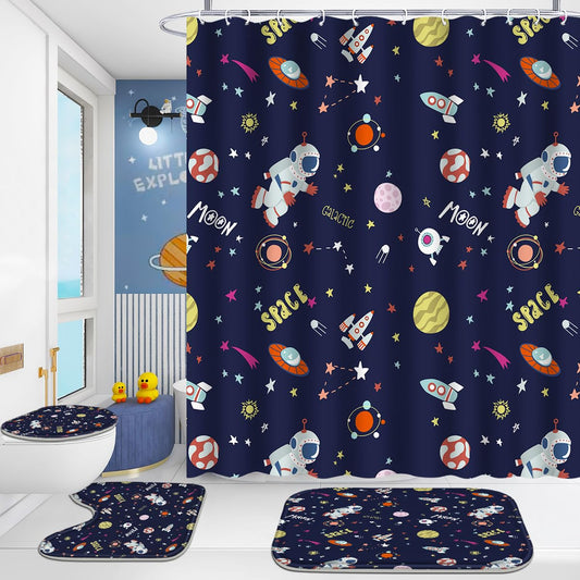 Poedist 4 Pcs Bathroom Shower Curtain Set, Bathroom Set, Space Shower Curtain Sets with Rugs(Bath Mat,U Shape and Toilet Lid Cover Mat) and 12 Hooks