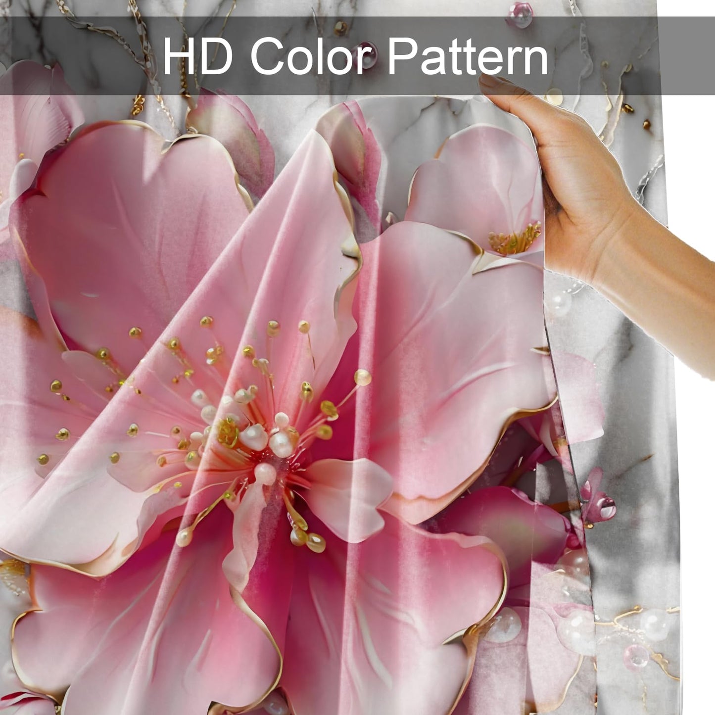 AZHM 4Pcs Pink 3D Floral Bathroom Shower Curtain Set Modern Marble Shower Curtain and Rugs Spring Flower Bathroom Set with Accessories and 12 Hooks