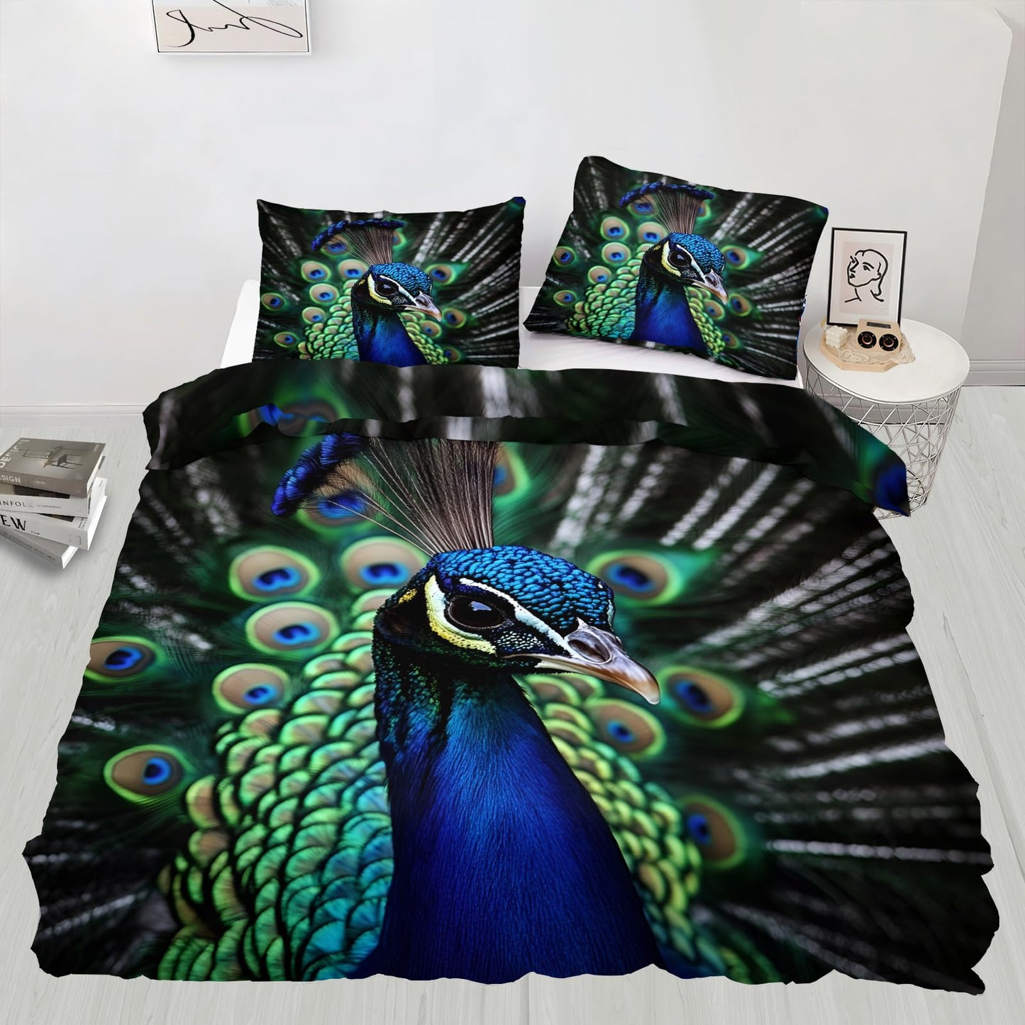 QINYUN Peacock Duvet Cover King Size, Green Peacock Feather Bedding Set 3 Piece Bedroom Decor Wild Animals Boho Comforter Cover with Zipper Ties & 2 Pillowcases