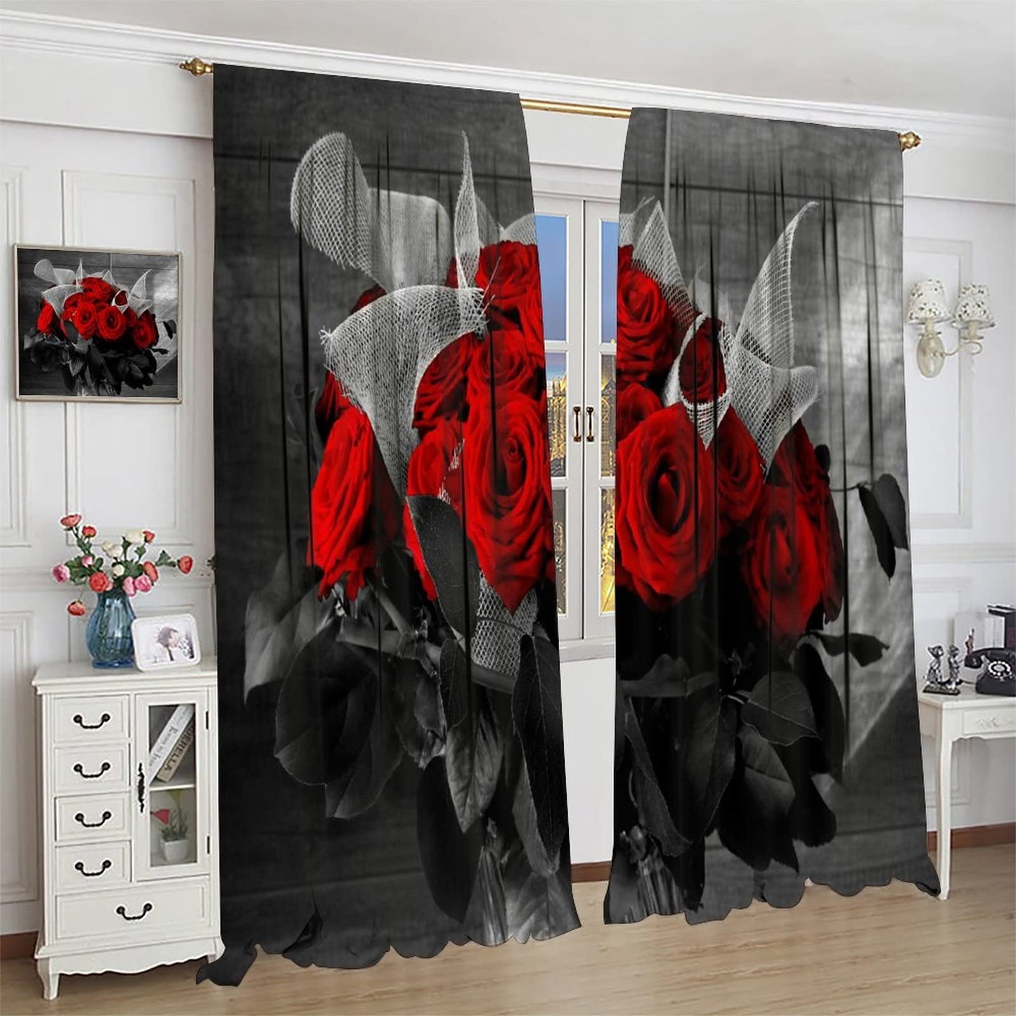 JESTRONRY Red Floral Curtains,Red Rose Wine Theme Romantic Flower Red Rose Window Treatments Curtains for Living Room Girls Women Bedroom Home Decor Blackout Drapes W42xL45in
