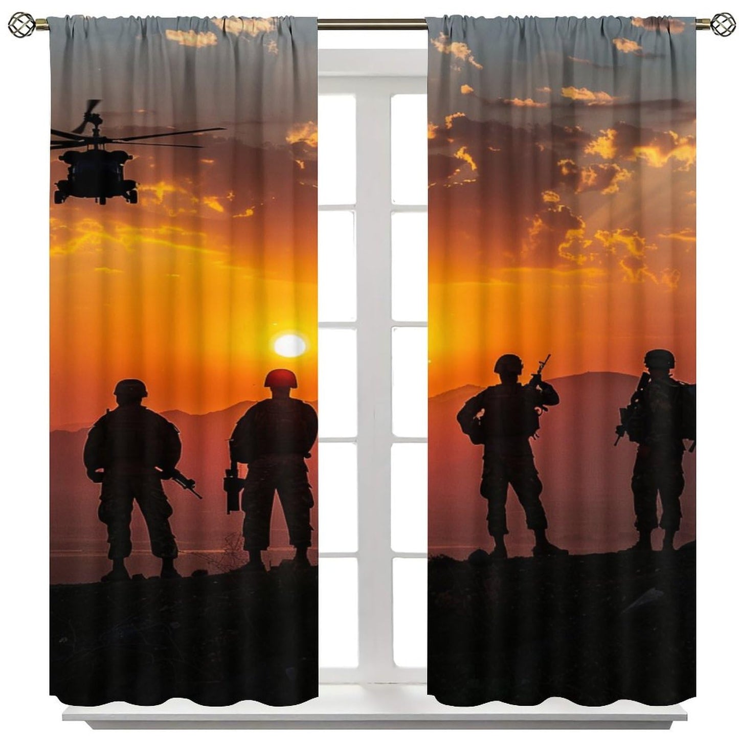 TOWINSFB Fine Military Silhouette Blackout Curtains for Living Room Bedroom, Americana Soldier Helicopter Window Curtains Rod Pocket Thermal Insulated Window Drapes, 2 Panels, Each 21" W x 63" L
