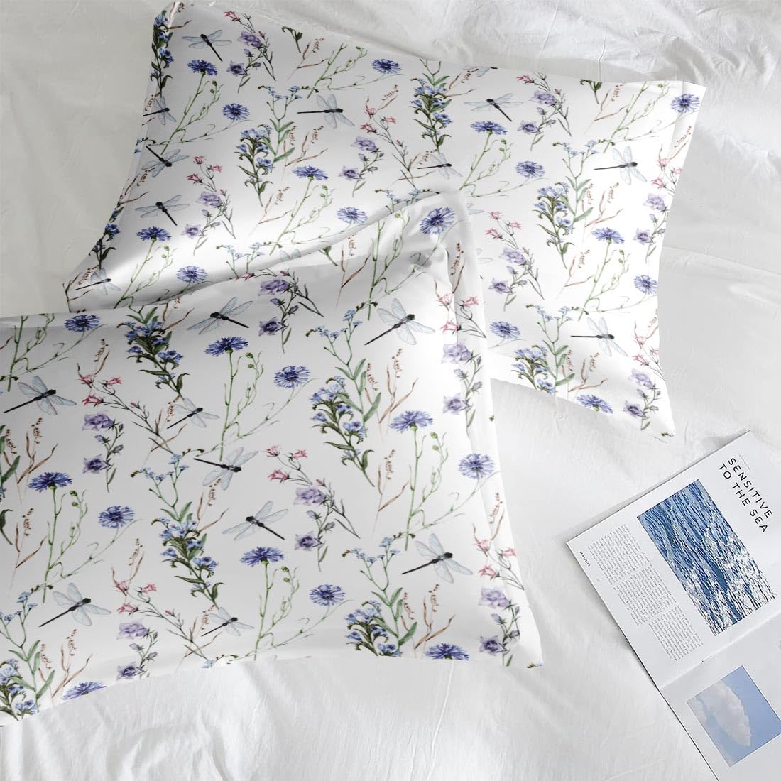 Pamnest Comforter Set Twin Size, Botanical Flower Dragonfly 5 Pcs Bedding for Kids and Adults, Herb Plant Wildflowers Bed Sheet Sets with Fitted Sheet Pillowcase & Sham for Bedroom Bed Decor