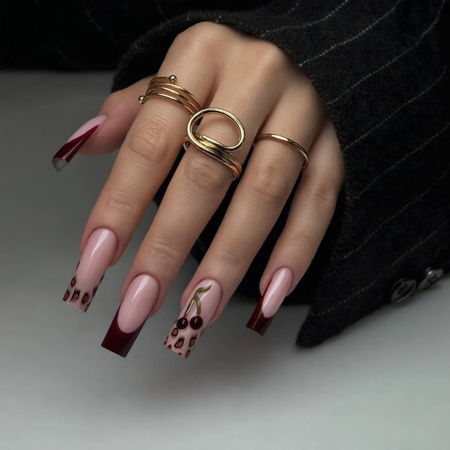 IEORGYIG French Press On Nails Leopard Print Mid-Length Fake Nails with 3D Cherry Designs Reusable Nails with Glue Tabs 24Pcs Manicure Kit for Women