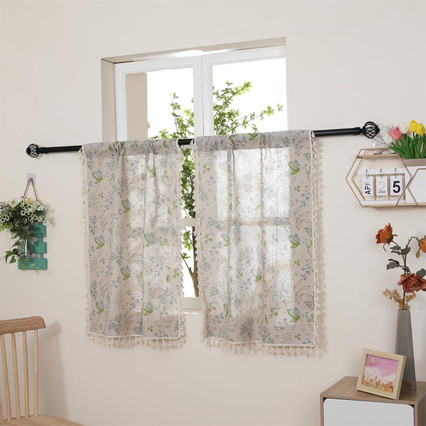 Moslovstar 2 Panels Linen Tassels Curtains Farmhouse Green Branch Leaves Vintage Semi Sheer Window Curtain for Kitchen Bathroom, 26x36in Tiers Curtain