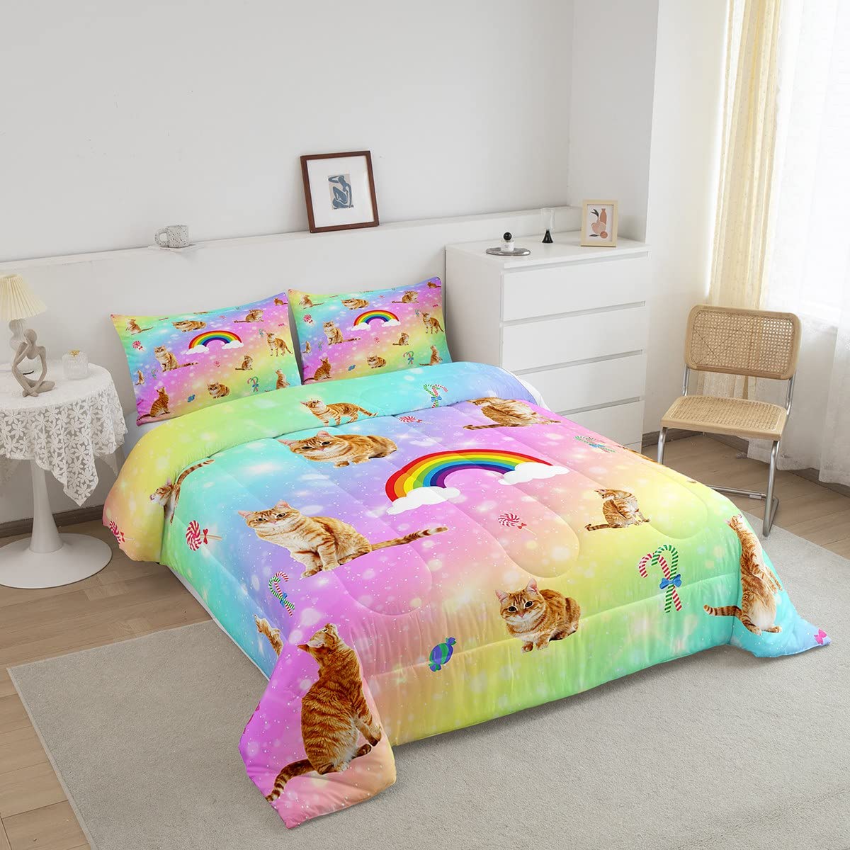 Erosebridal Cat Comforter Set, Starry Sky Bedding Set Twin for Girls Kids Boys Bedroom Decor, Rainbow Galaxy Down Comforter, Soft Breathable Microfiber Quilted Comforter with 1 Matching Pillowcase