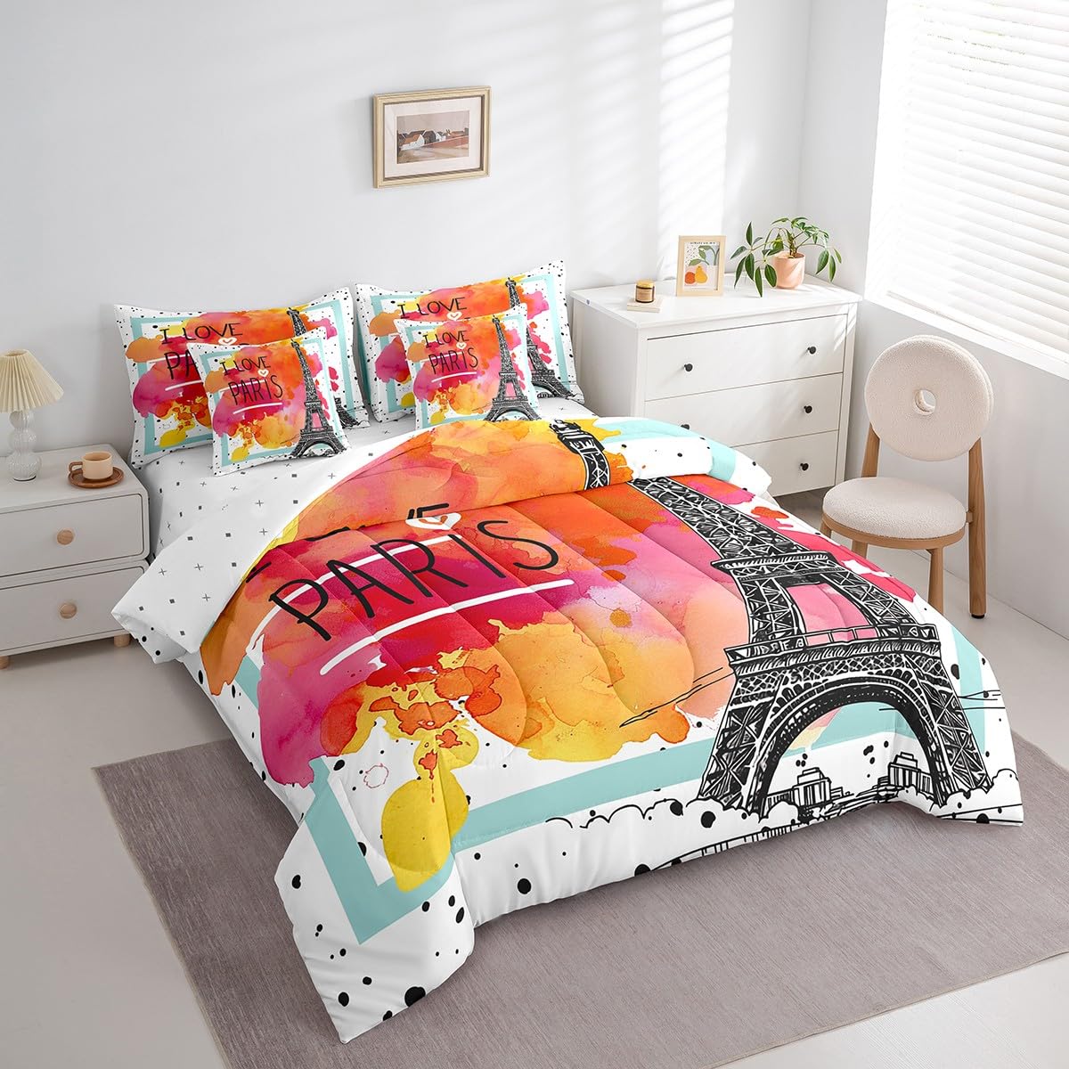 Erosebridal Eiffel Tower Comforter Set 7 Piece Bed in a Bag Twin,City Building of Paris Bedding Sets Romantic France Comforter and Sheet Set,Ink Art Tie Dye Bed Set