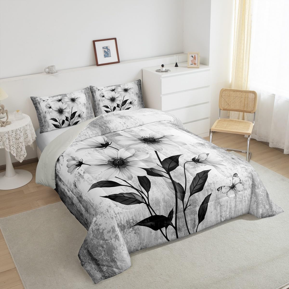 Erosebridal Watercolor Flowers Queen Comforter Set Abstract Oil Painting Daisy Bedding Set Rustic Farmhouse Bed Set Ombre Grey White Quilt Set